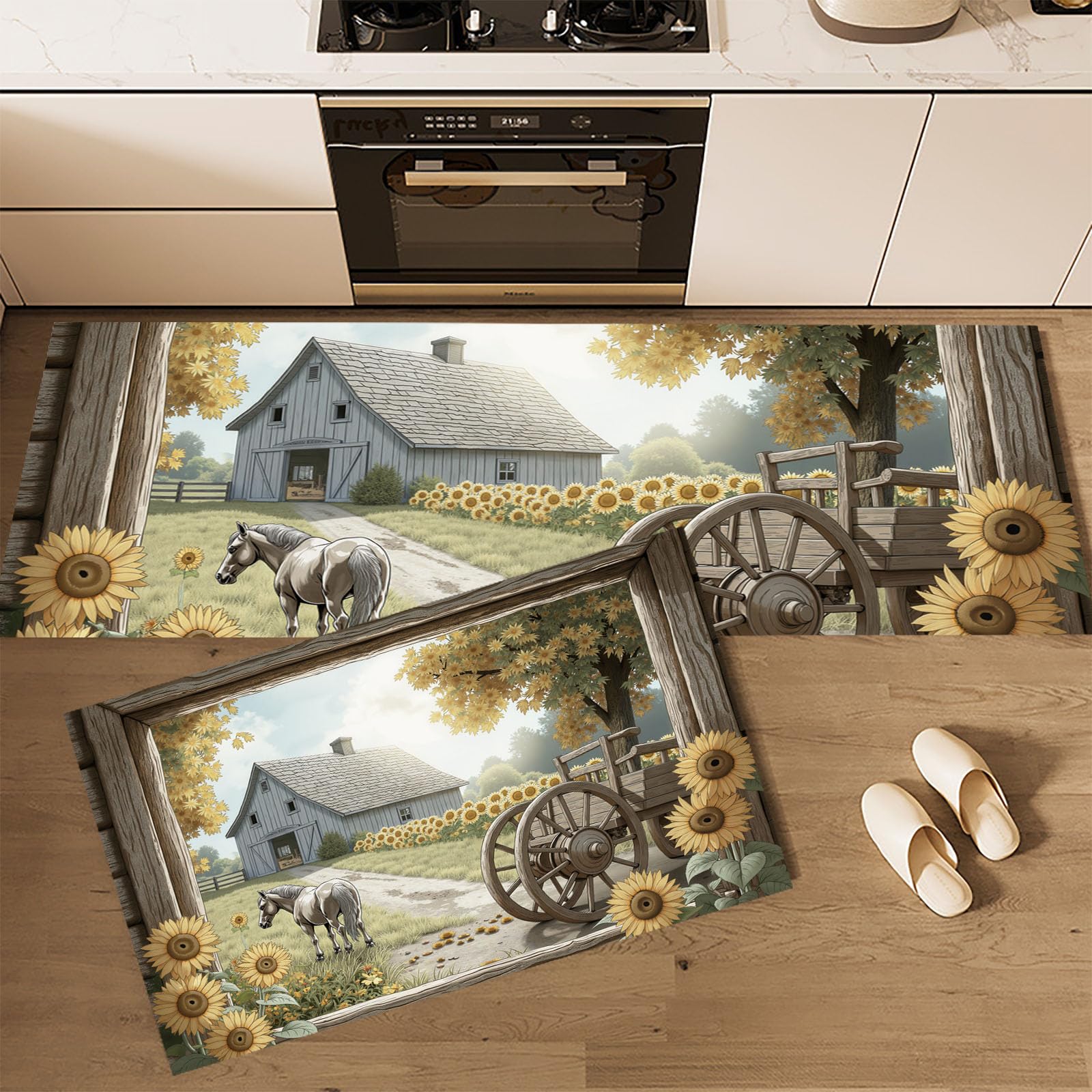 Alfombras de cocina estilo campestre de 2 piezas alfombras de pie antideslizantes color amarillo