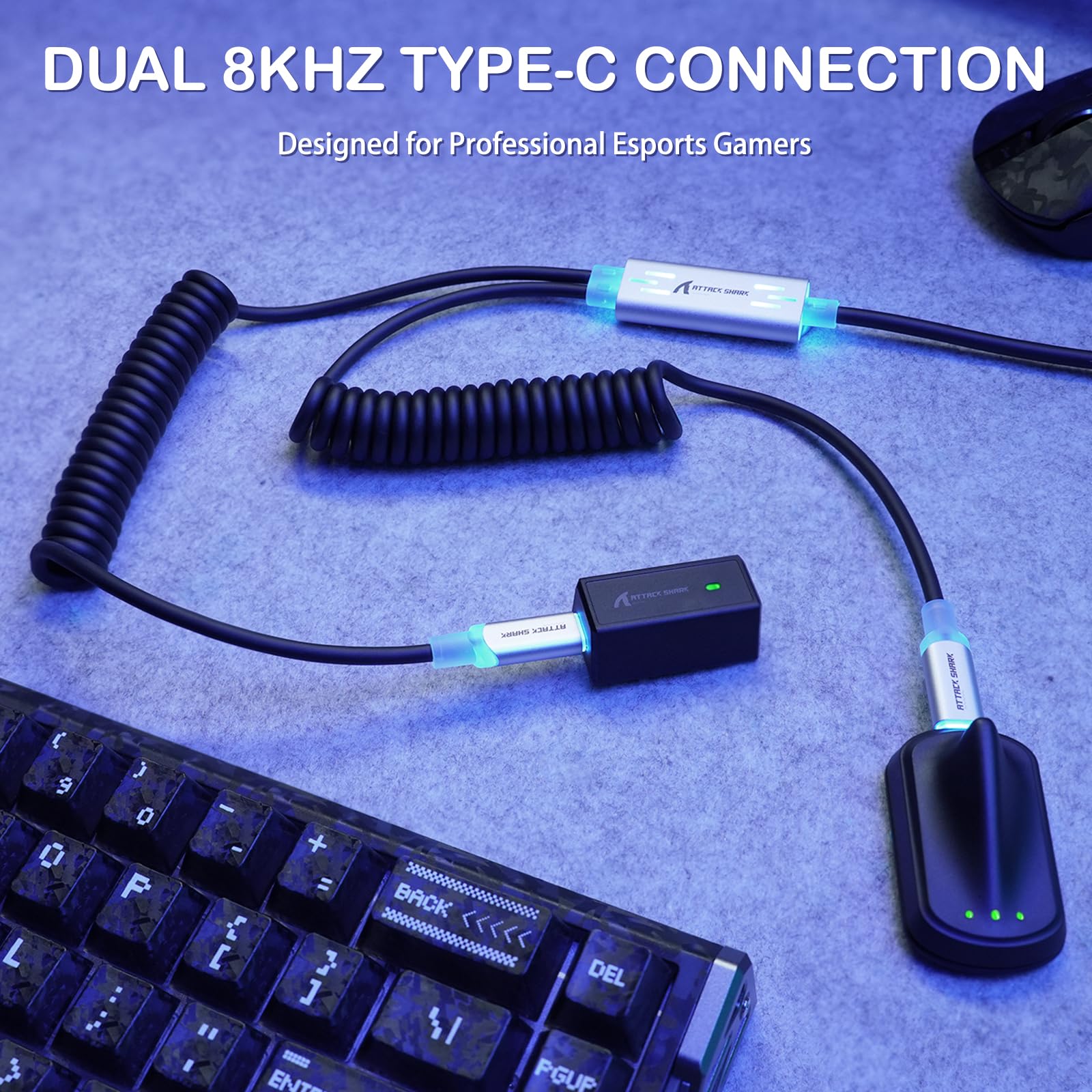 MAMBASNAKE X ATTACK SHARK C08 Kabel Spiralny Klawiatury 2 W 1 Typu C, 8KHz & Szybki Spust, Magnetyczne Światło RGB, Stalowe Złącze Lotnicze, Kabel Danych I Szybkiego Ładowania USB C Do USB A (Czarny)