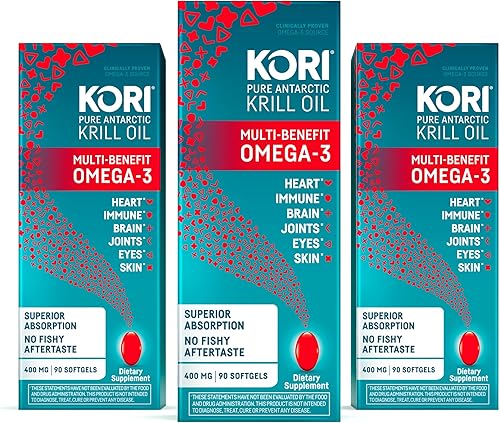 Kori Krill Aceite Omega-3 de 400 mg 90 cápsulas blandas  Suplemento Omega-3 multibeneficio  Absorción superior de Omega-3 frente al aceite de