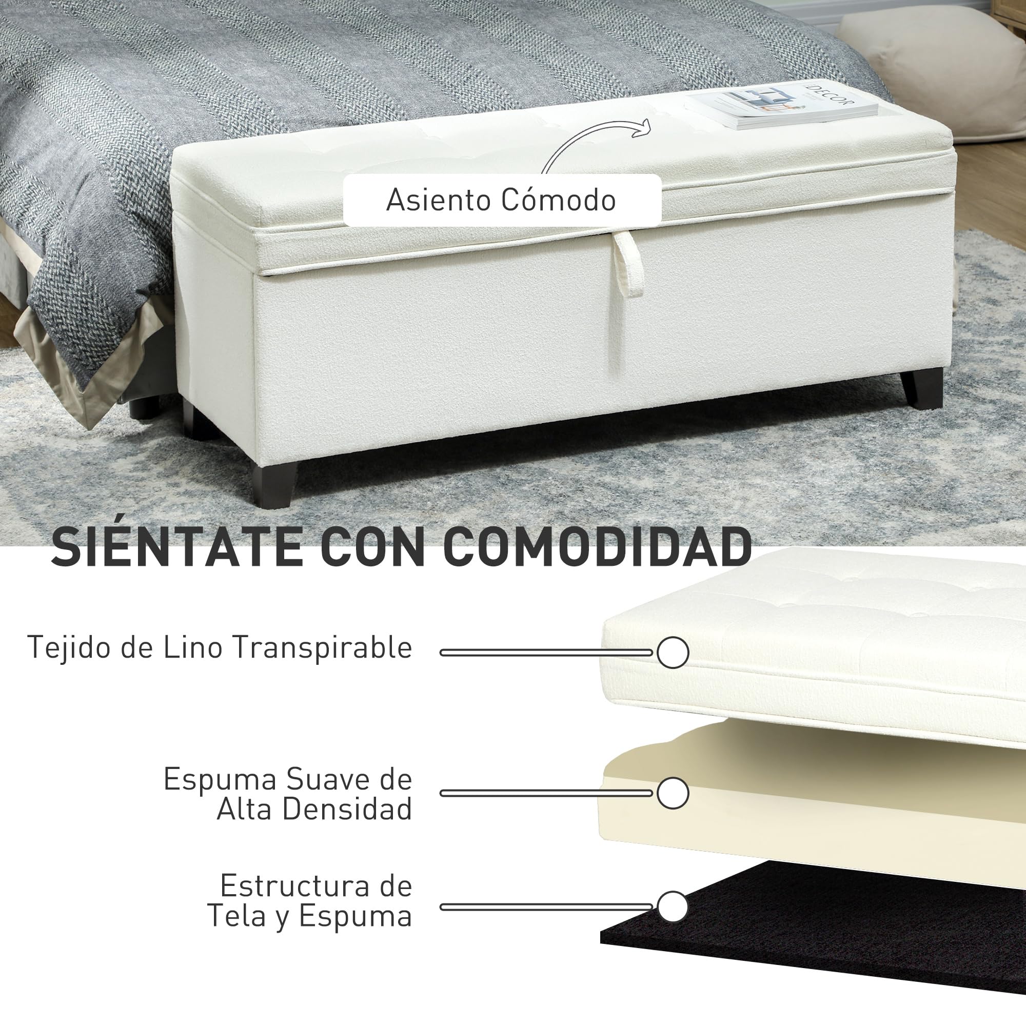 HOMCOM Puff Almacenaje Banco Almacenaje 112L Tapizado en Lino con 2 Bisagras de Seguridad Tapa Abatible y Asiento con Capitoné para Dormitorio Salón Entrada Carga 120 kg 120x40x48 cm Crema