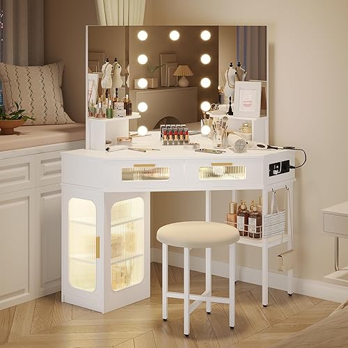 Miniatura 10 de Vlsrka Tocador de esquina negro con silla, escritorio de maquillaje con espejo y luces, escritorio de esquina iluminado con toma de corriente y