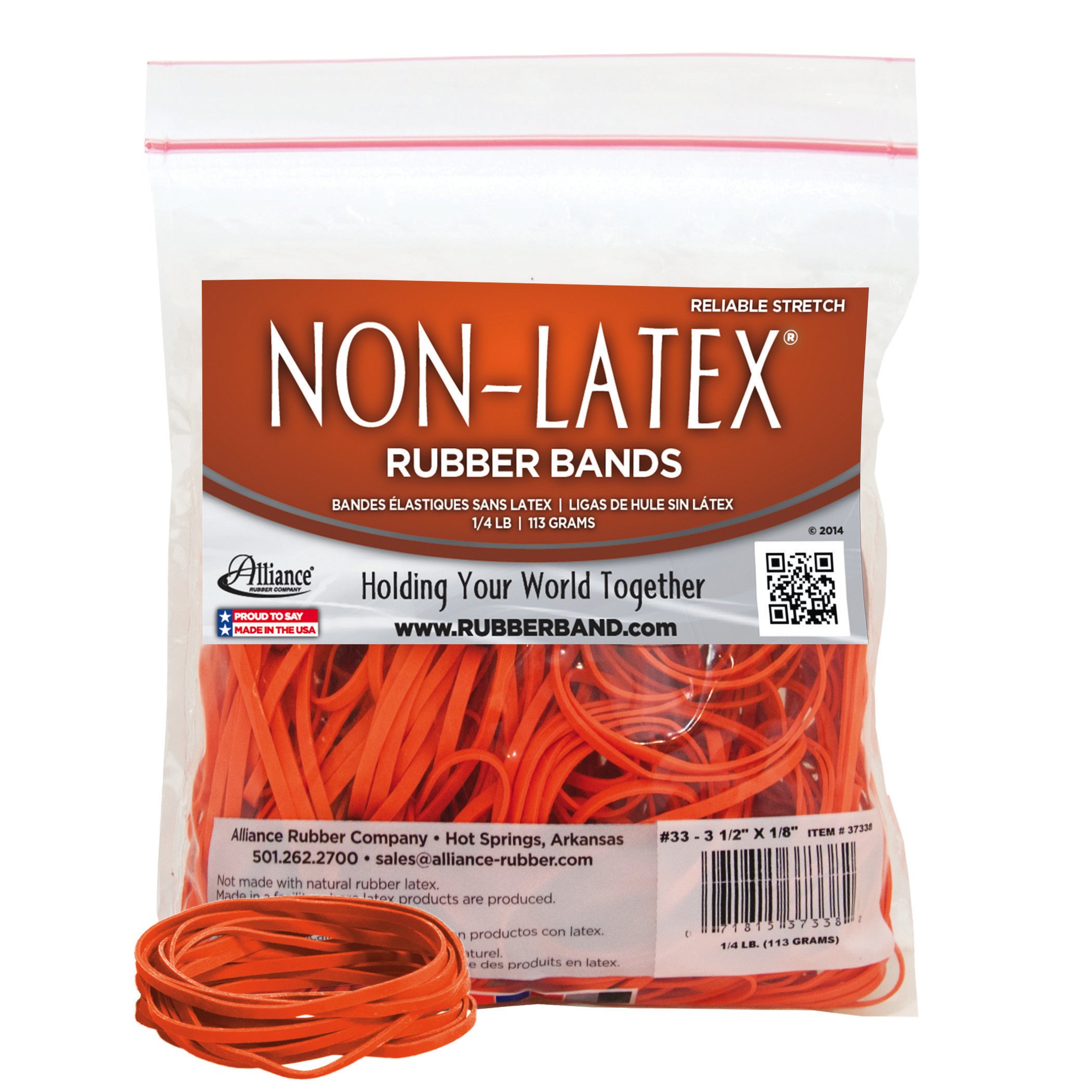 Photo 1 of Alliance Rubber 37338#33 Non-Latex Rubber Bands, 1/4 lb Poly Bag Contains Approx. 180 Bands (3 1/2" x 1/8", Orange) 3 1/2 x 1/8 inches 1/4 Pound Bag   2 PACKS
