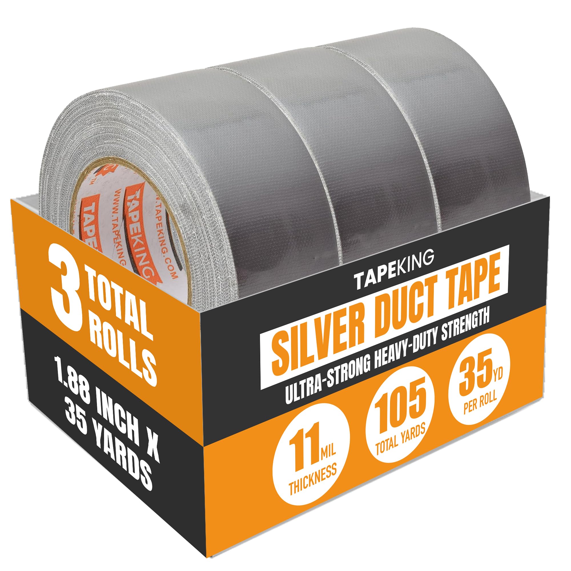 Tape King Silver Duct Tape Heavy Duty | Versatile Packing Tape 1.88 Inch x 35 Yards | Waterproof Tape Roll for Home Improvement, Office Use, Wrapping,
