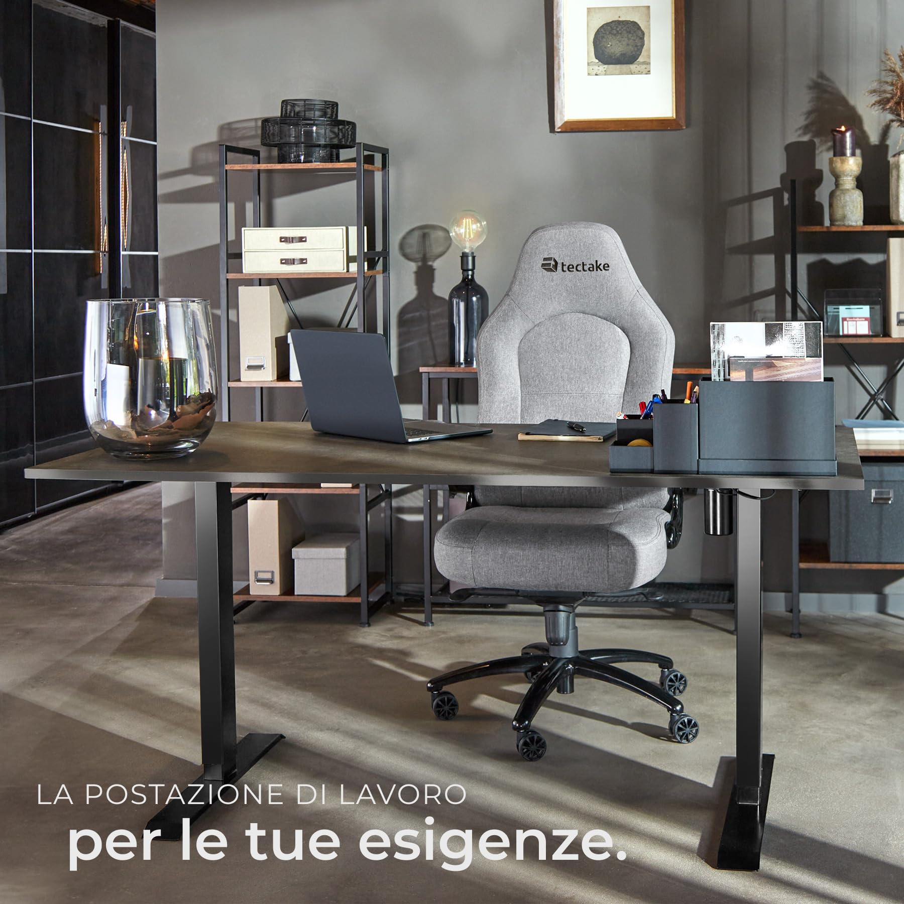 tectake® Telaio per Scrivania Regolabile in Altezza, 85-129 x 65 x 71-121 cm, portata max 70 kg, motore elettrico potente 40W, funzione memoria, in acciaio, Tavolo Ufficio, Scrivania Gaming - Nero