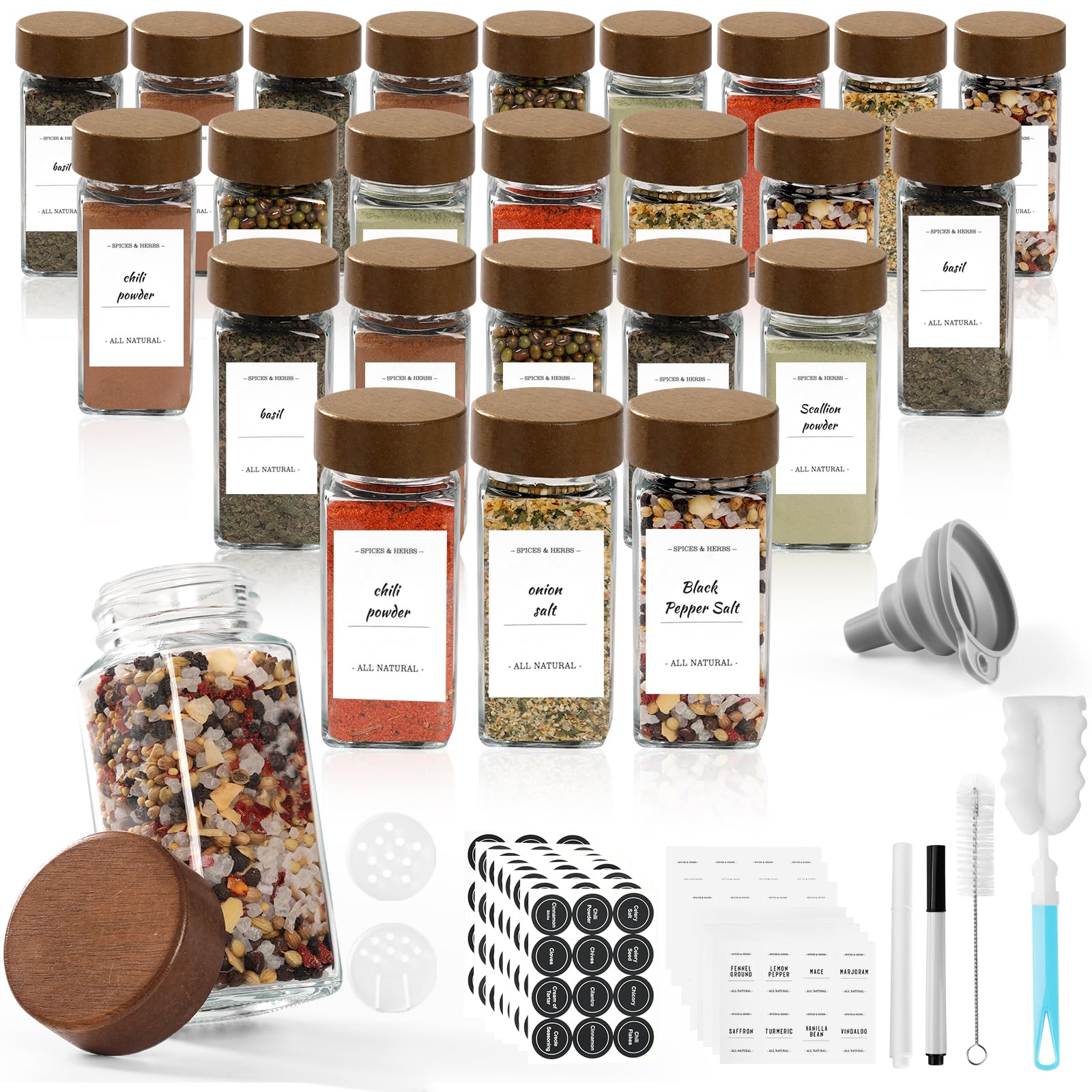 Barattoli per spezie in vetro e legno, quadrati, 24 × 120 ml Set di contenitori per spezie con coperchi in legno di acacia, etichetta