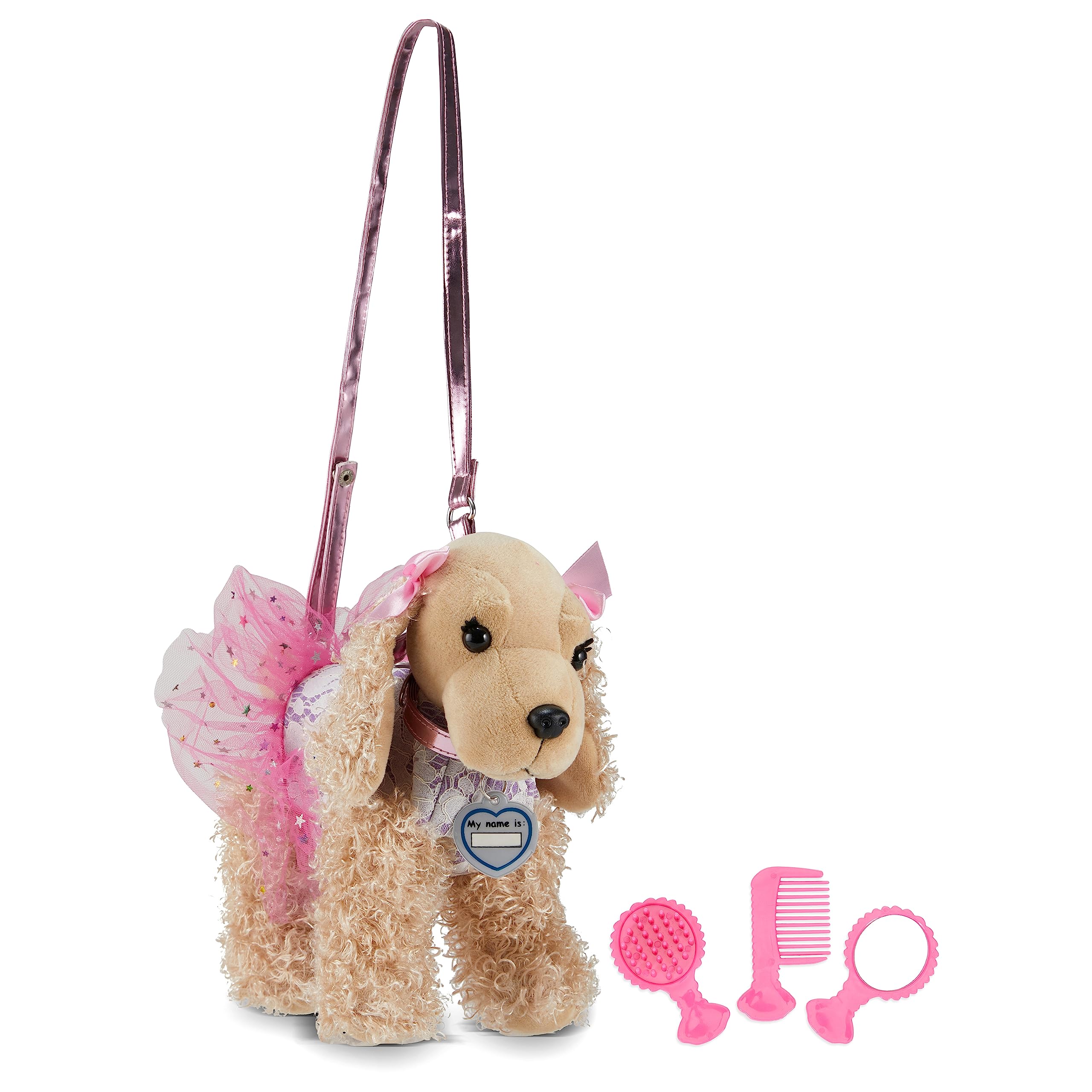 Cudlie Accessories LLC Poochie And Co Little Girls Plush Animal Shaped Purse, Kids Fashion Handbags, Dino Pony Bunny or Kitty Toddler Toy Hand Bags, Tan Sadie With Lilac Glitter