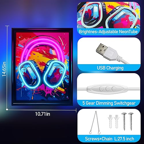 Miniatura 3 de Letrero de neón con música para auriculares, arte de pared con forma de gamepad regulable en acuarela, imágenes coloridas impresiones de lienzo para
