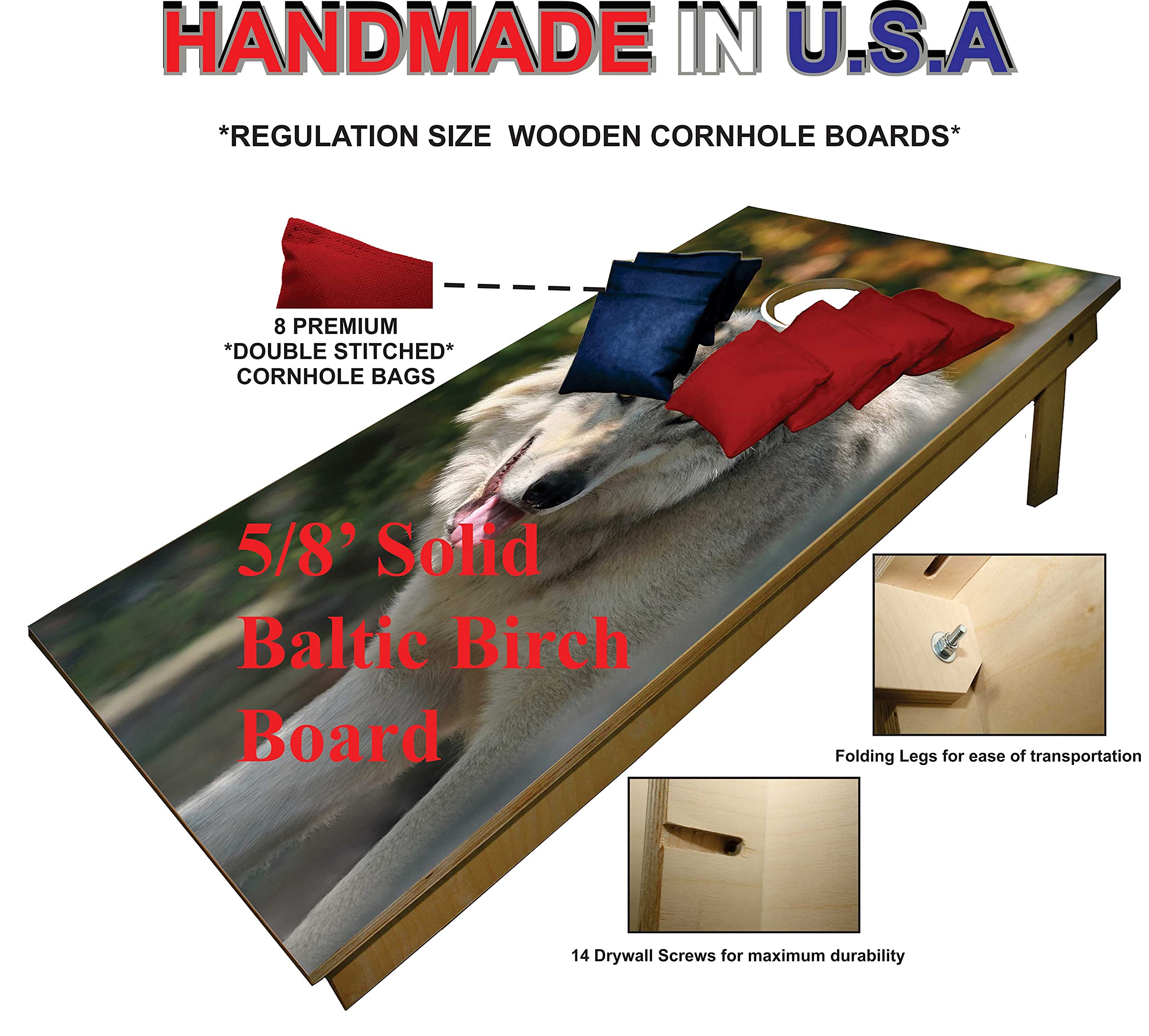 Premium Cornhole Set - Wild Wolf Tailgate Cornhole Boards w Set of 8 Cornhole Bags! 765