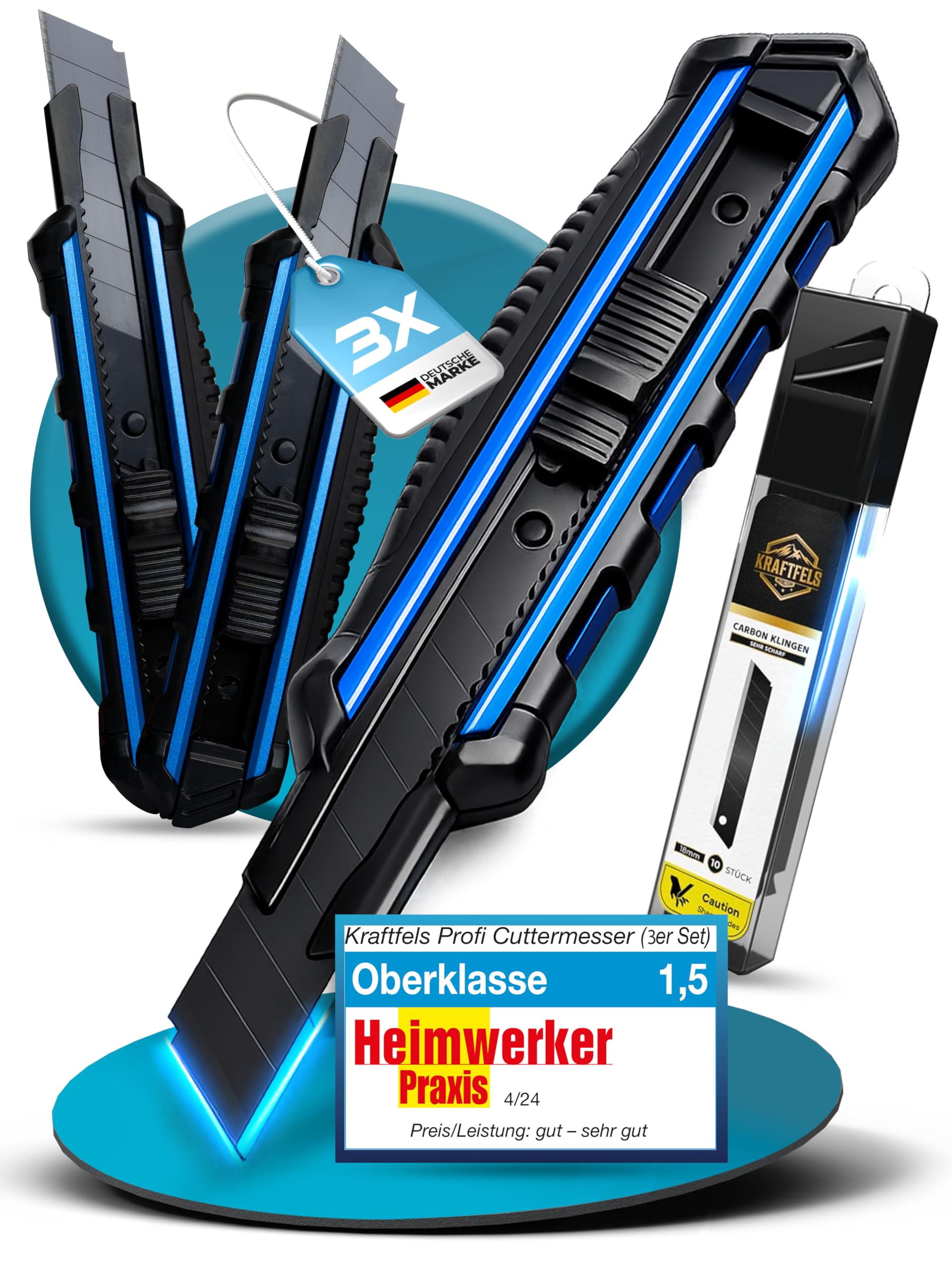 3 x Cuttermesser Profi Set 18mm (Alu Gehäuse) - inkl. 13x SK5 Carbonstahl Klingen extra scharf - Cuttermesser Set 18mm - Teppichmesser Profi - Cutter Messer - Kattermesser Metall