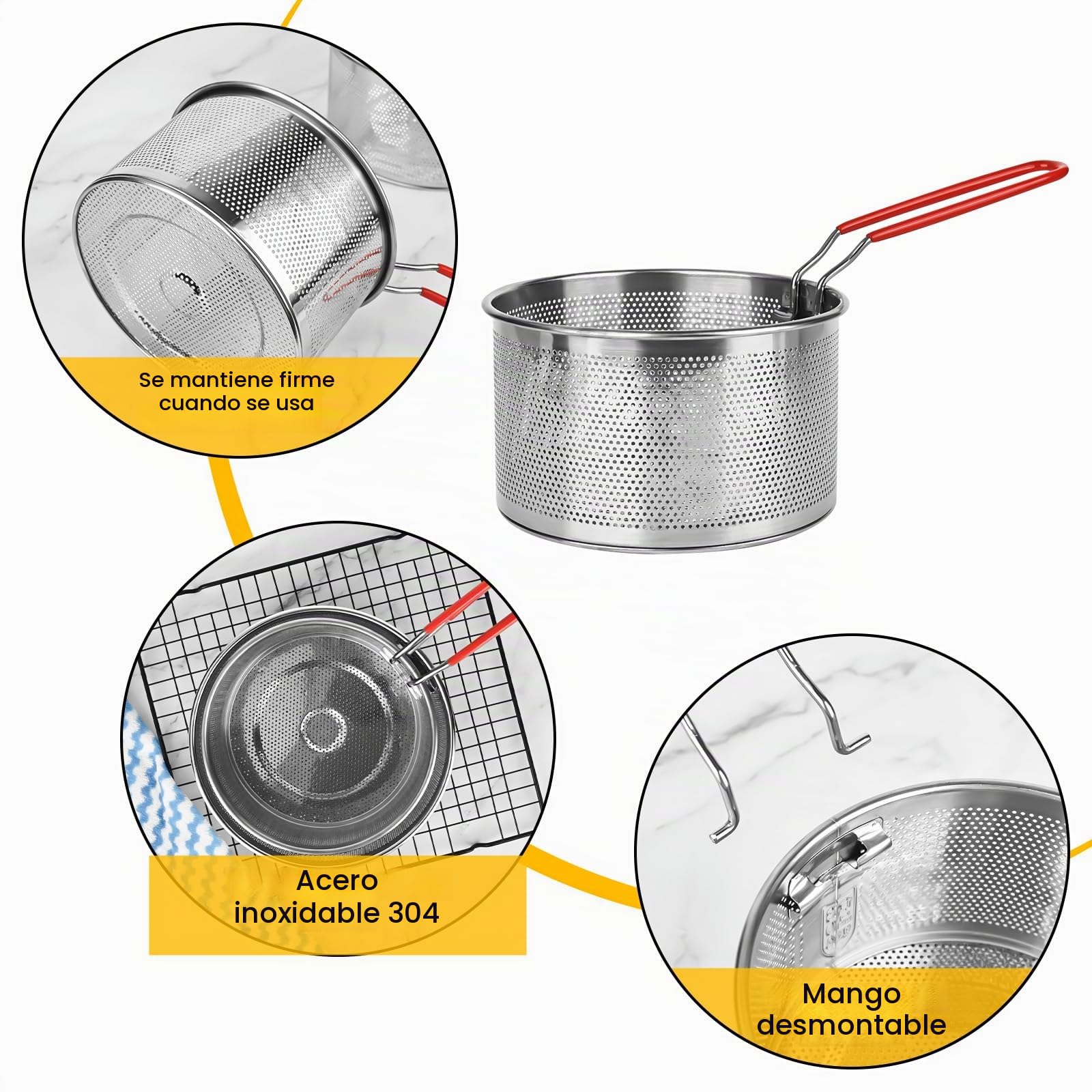 2 coladores de pasta de acero inoxidable, colador de cocina con mango extraíble, colador de pasta de metal, cesta para freidora, colador de cocina de acero inoxidable para lavar, escurrir