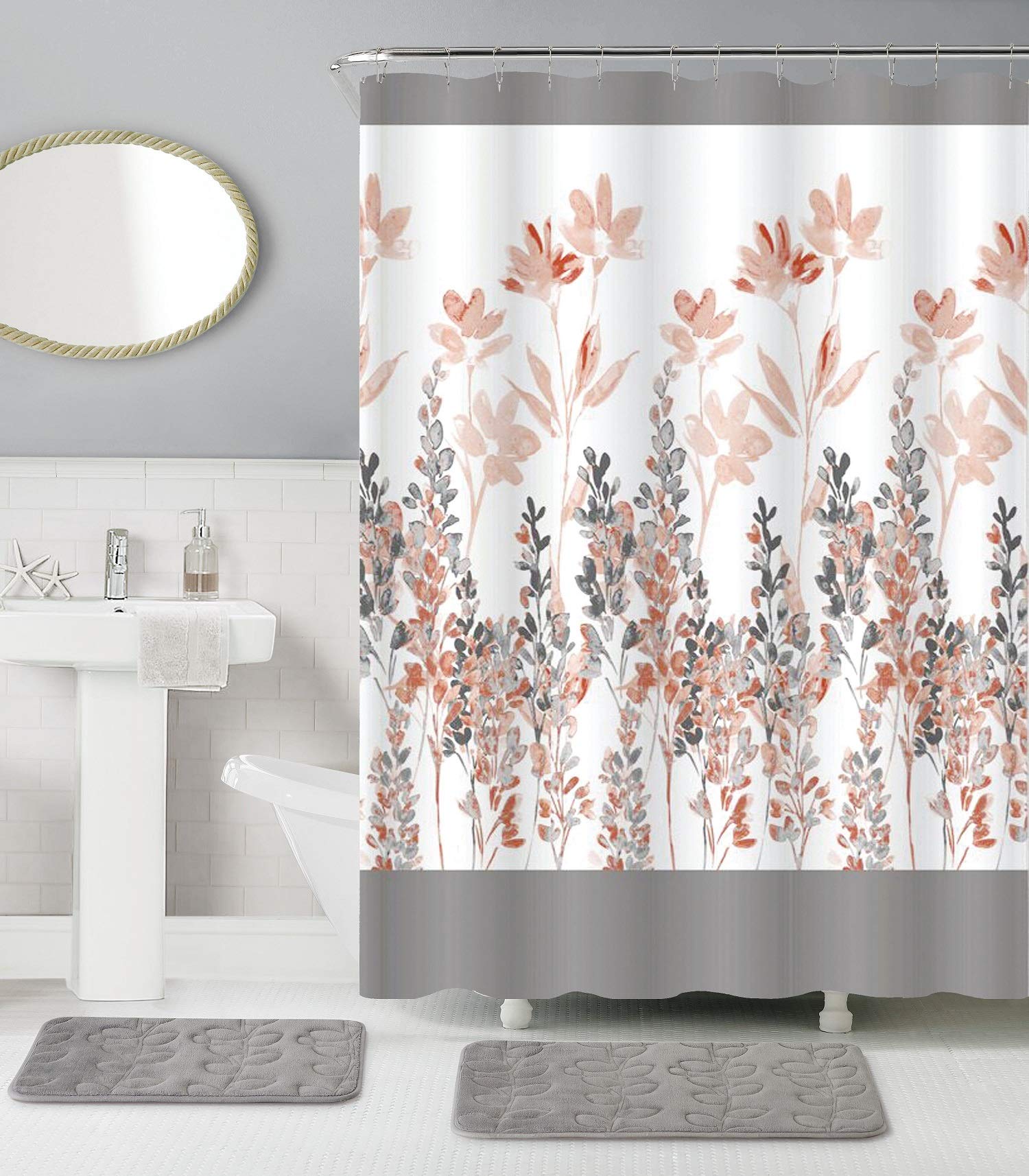 BH Home 15 Pieces Shower Curtain and Super Soft Memory Foam Rugs Set. 100% Microfiber Mats. (Nicole)