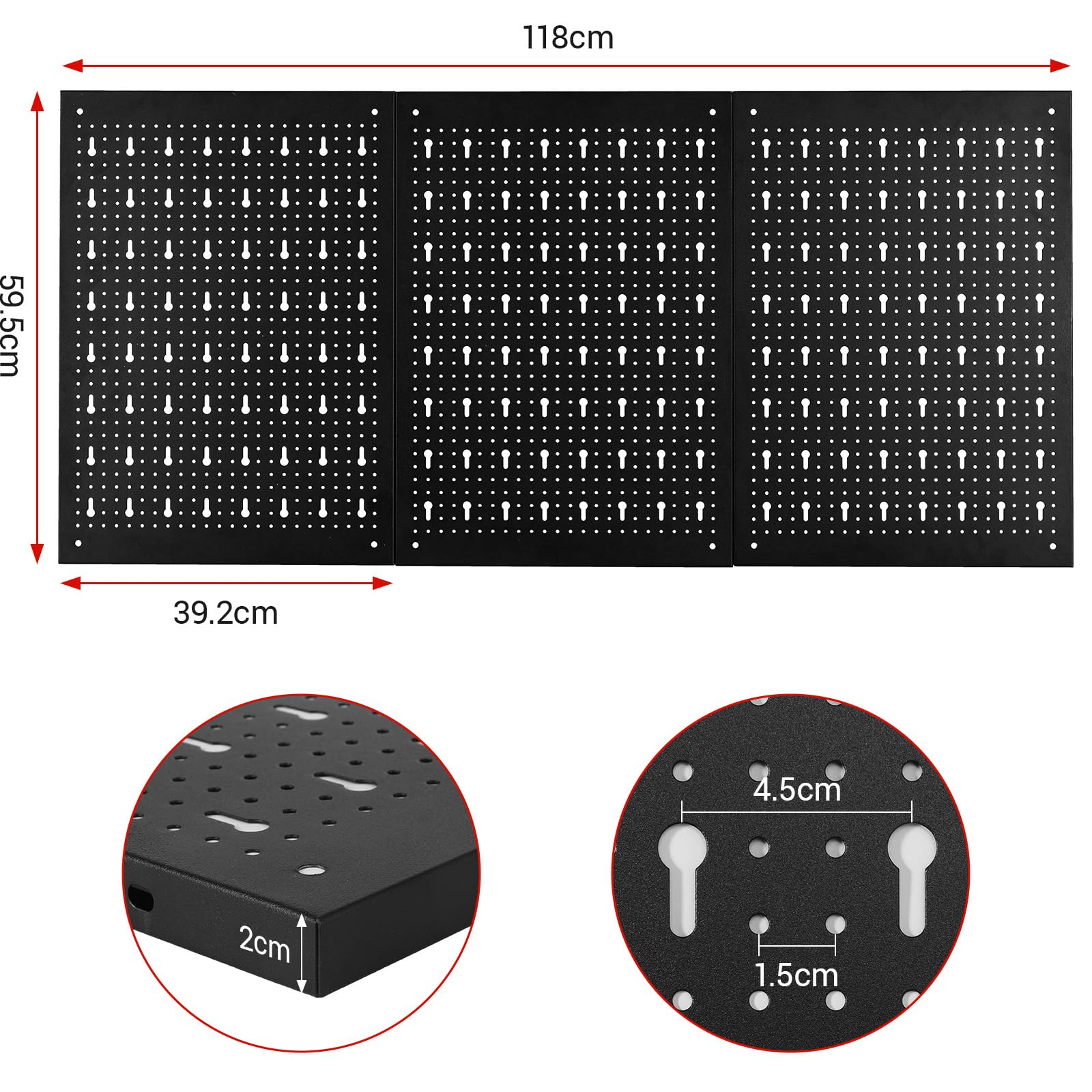 Ścianka narzędziowa, 3-częściowa ścianka perforowana warsztatowa, rozszerzalna ścianka z otworami na narzędzia z 17 haczykami i uchwytami, 118x59.5x2 cm, metalowa ściana narzędziowa