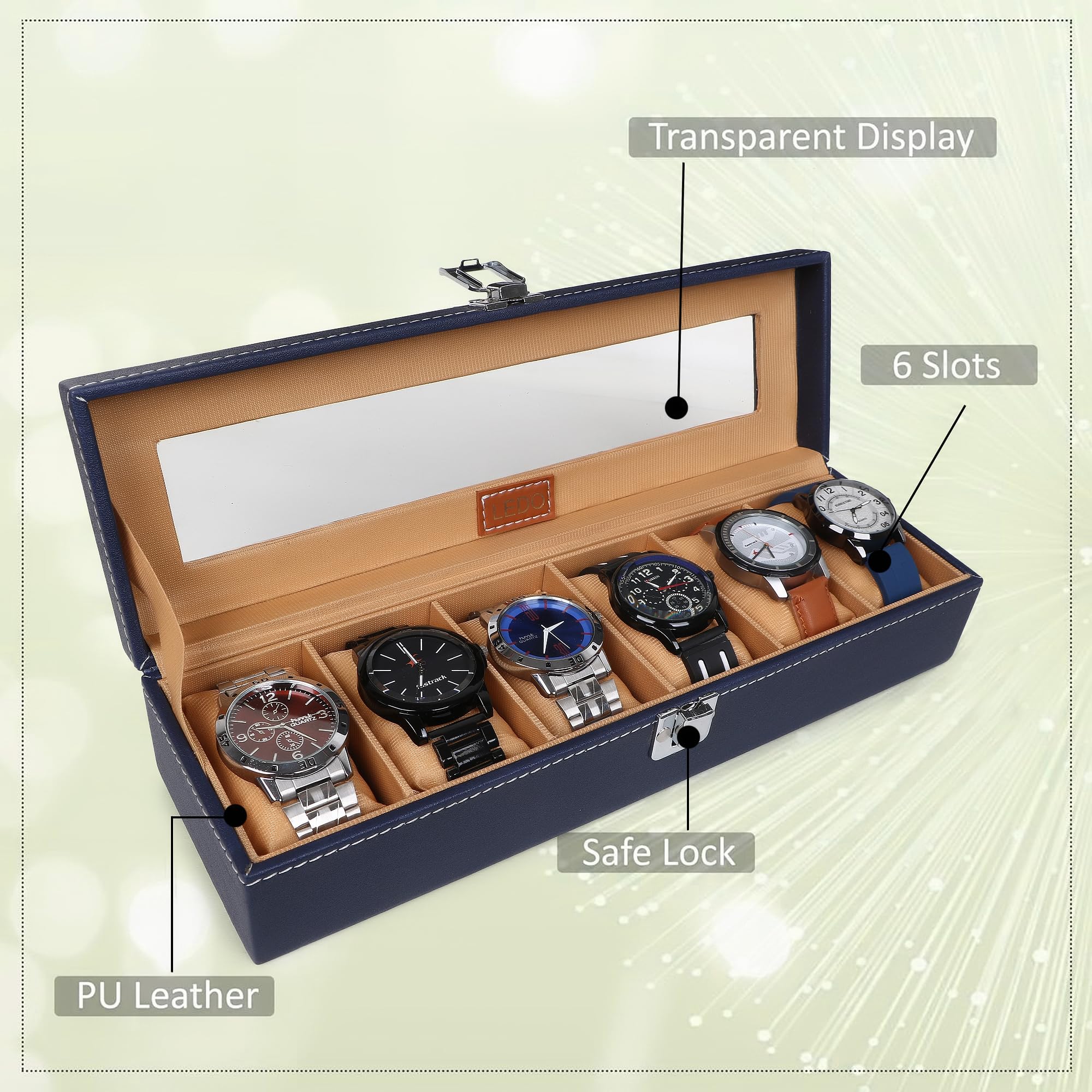 LEDO Watch Box Organizer Case with 6 Slots, Transparent Display, PU Leather Exterior, Blue & Cream Velvet Interior, Metal Clasp Lock, Rectangular Storage Case for Men 1