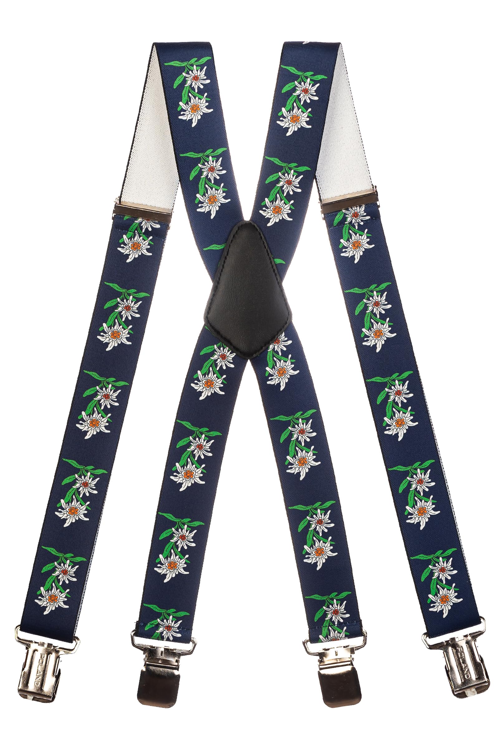 Olata Men’s Heavy-Duty X-Shape Braces/Suspenders with Edelweiss Pattern - 2.5cm. Dark Blue