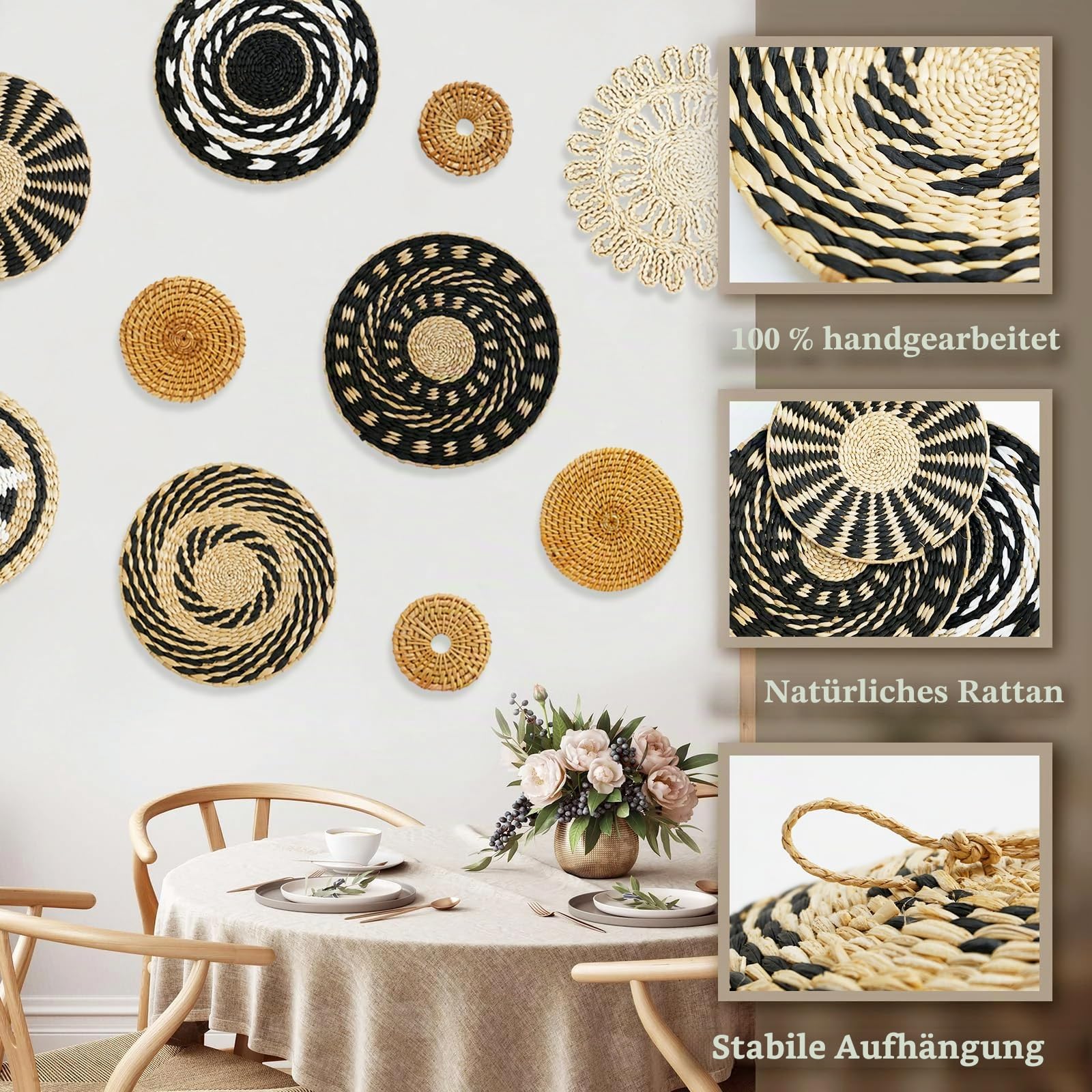 Ysislybin Boho Wandkorb 10 Stück, Gewebtes Wandkorb Dekoration Rustikale Wandkörbe Wandregal Rattan Handgewebte Wandskulpturen Runde Wanddekoration Outdoor Makramee Wandbehang Boho Wall Shelf