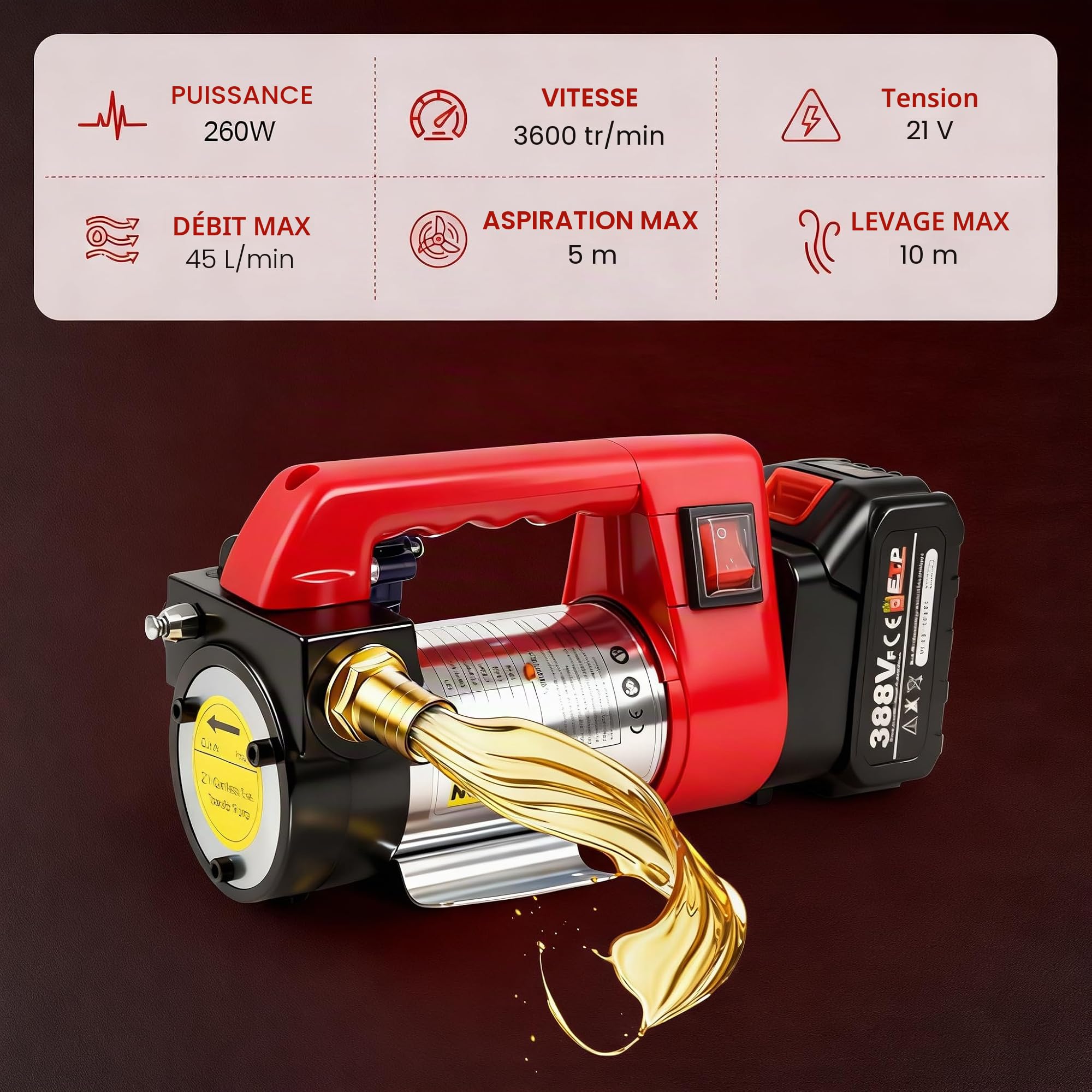 Pompe à Gasoil Sans Fil 45L/min, 260W Pompe Électrique Portable
