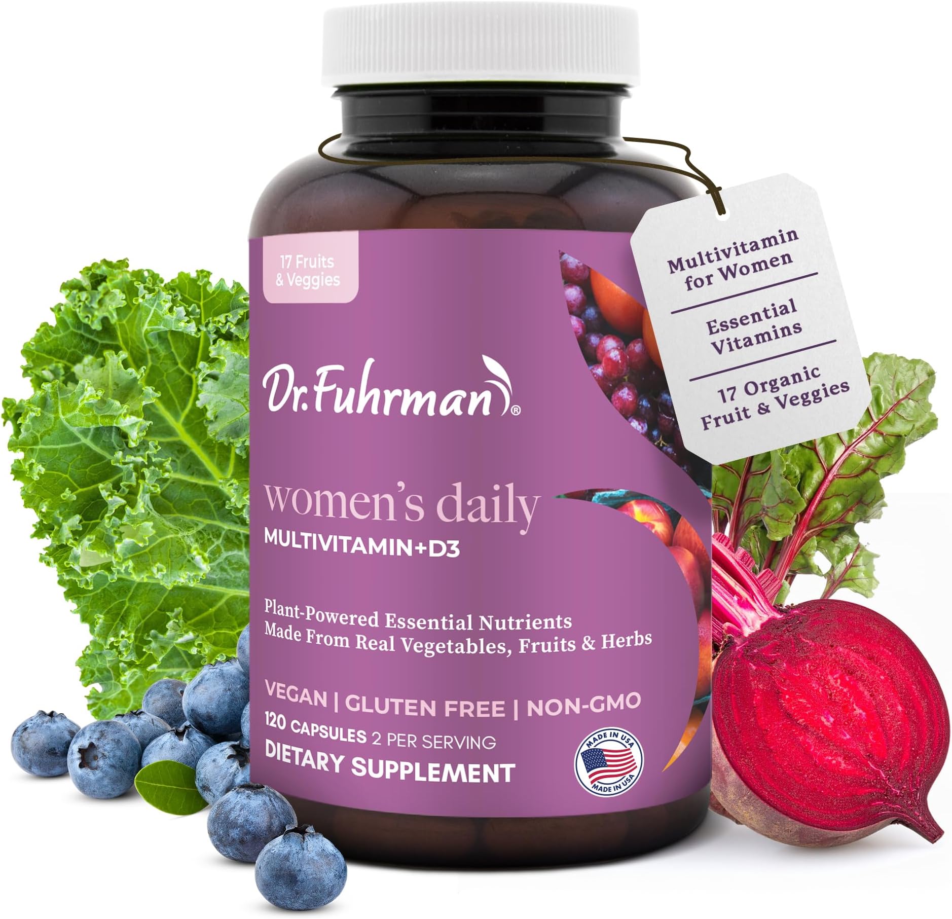- Dr. Fuhrman 2 Month Supply Multivitamin for Women + D3 Vitamin for Immune Support | Vegan Formula Womens Multivitamin with B12 & Zinc | Whole Food multivitamin with 17 Fruits & Veggies | Non GMO