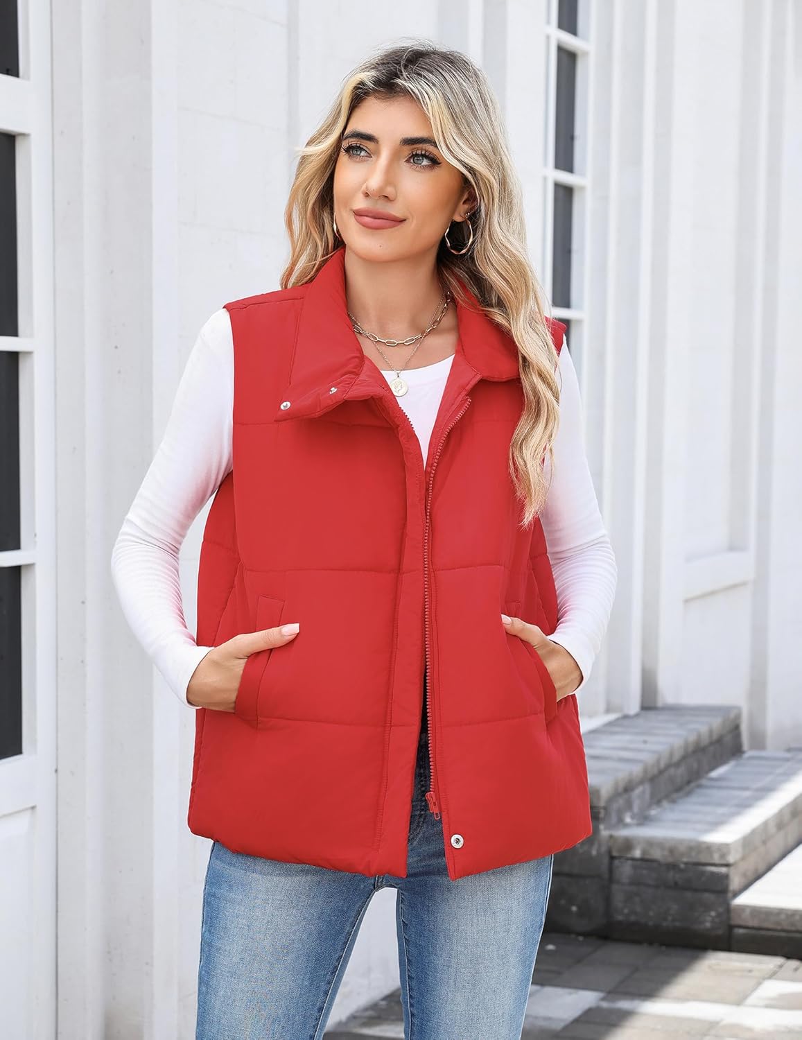 Zeagoo Red Puffer Vest Women Fall Fashion Zipped Up Stand Collar Sleeveless Winter Jackets Quilted Padded Outerwear Red M - Image 4
