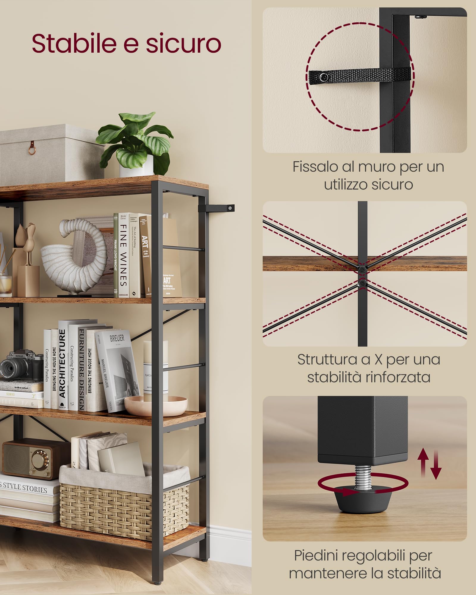 VASAGLE Libreria a 4 Livelli, Scaffale Portaoggetti, 30 x 120 x 109,4 cm, Stile Industriale, per Soggiorno, Studio, Balcone, Cucina, Marrone Vintage e Nero Inchiostro LLS131K01