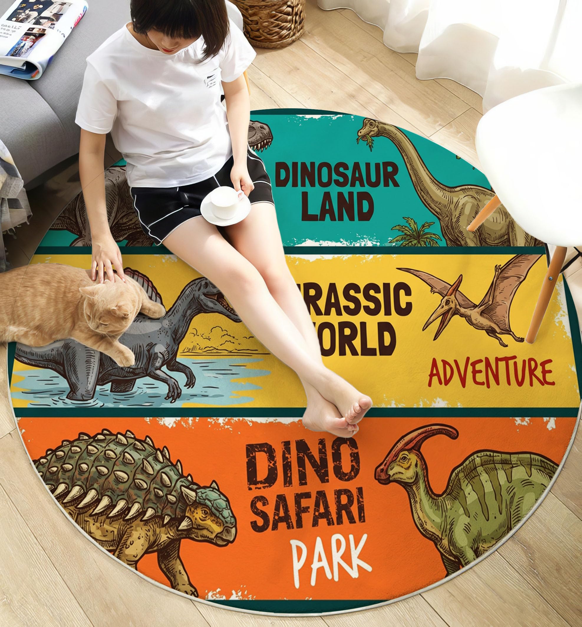 Wildtiere Dinosaurier Teppich Rund 100cm, Weicher Rutschfester Prähistorisch Illustration Teppiche, pflegeleicht strapazierfähig Mehrfarbig Teppich, für Kinderzimmer Babyzimmer Wohnzimmer Flur