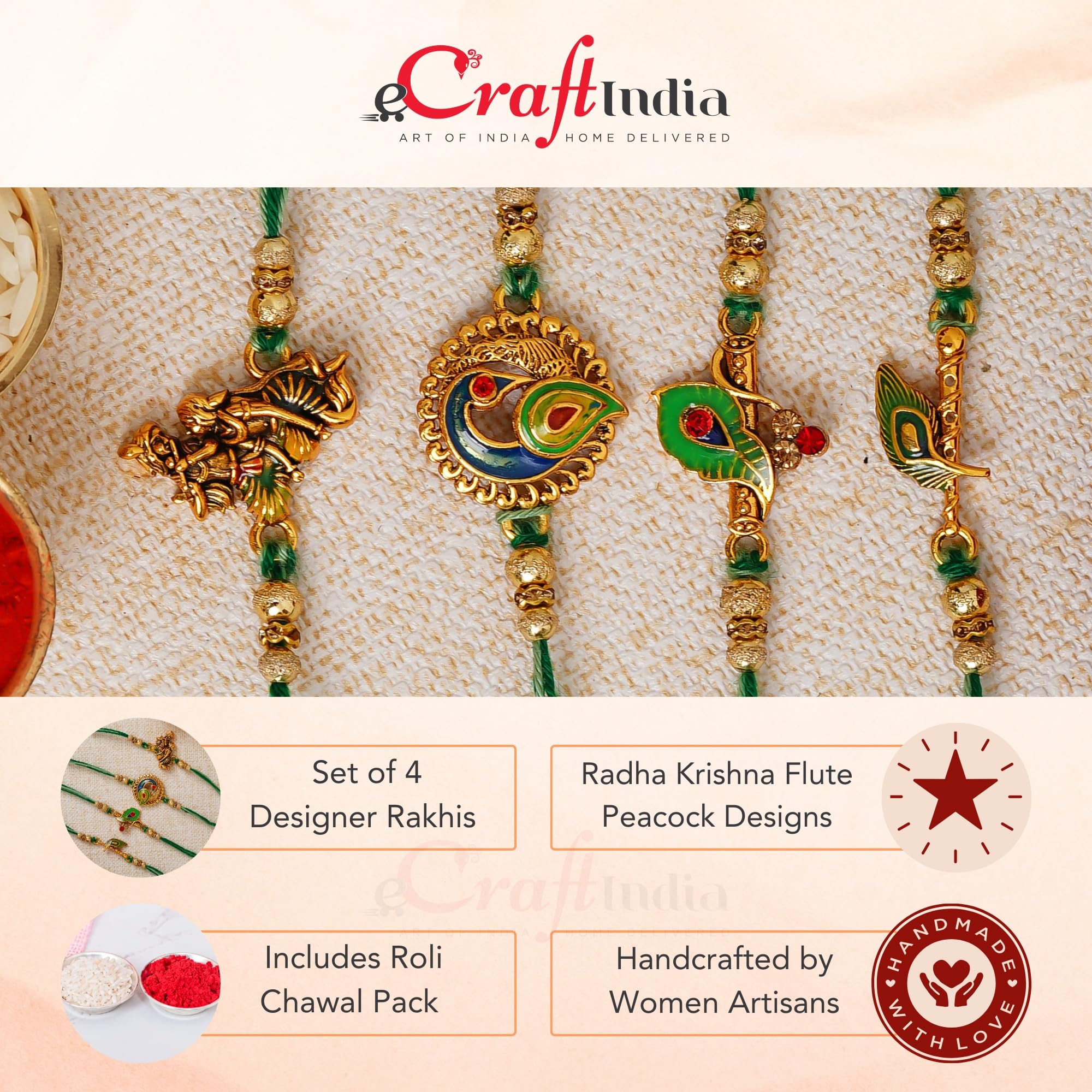 eCraftIndia Set of 4 Multicolor Radha Krishna Playing Flute, Peacock, Krishna Flute, Peacock Feather Designer Religious Rakhis with Roli Chawal Pack and Best Bro Ever Fridge Magnet - Rakhi for Brother 2