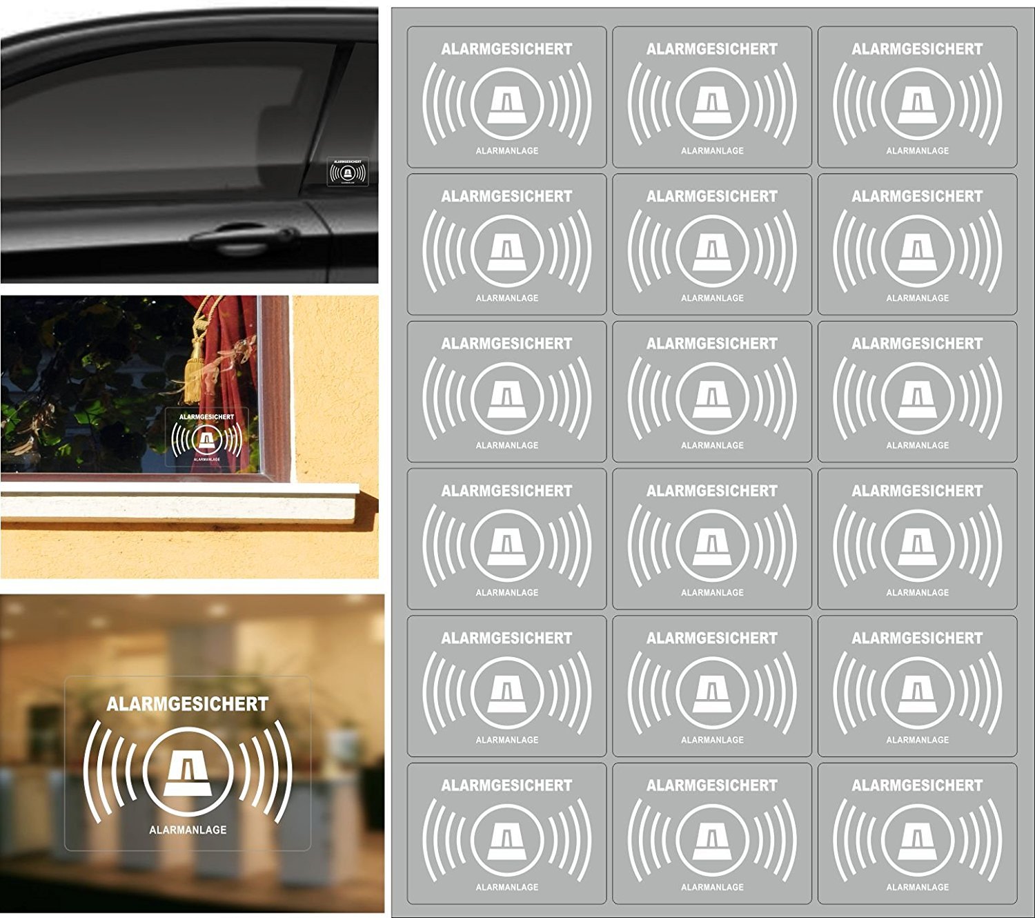 AufkleberDealer.de Pack of 18 Alarm System Stickers, White, Transparent Vinyl, Waterproof, UV-Resistant, for Glass Metal, Walls, Doors