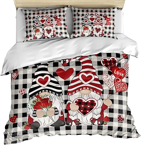 Funda de edredón para el día de San Valentín tamaño Queen funda de edredón a cuadros negros y blancos con cierre de cremallera juegos de cama de 3