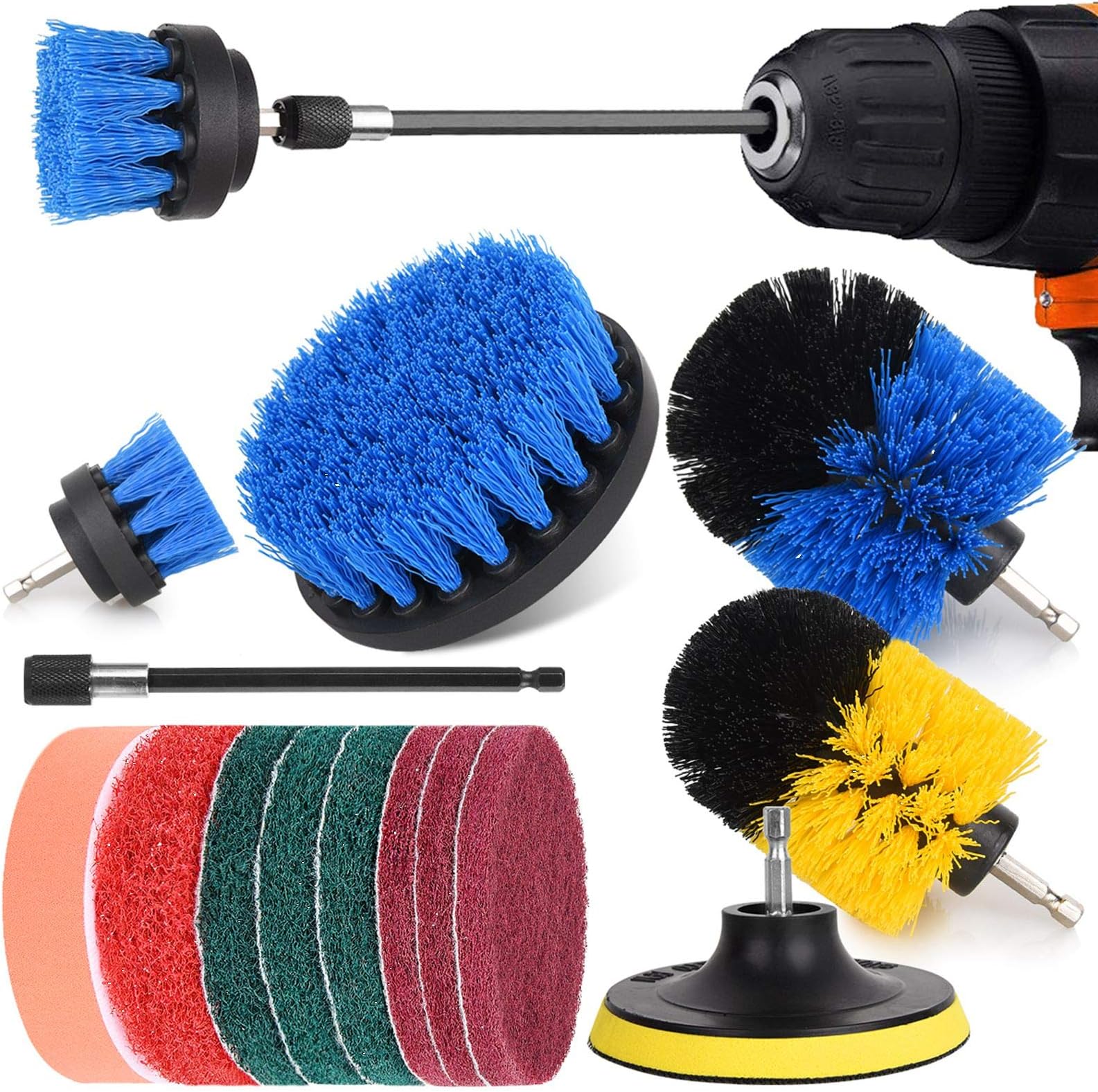 Power Brush Drill Attachment Set, NUOSEM Kitchen Cleaning Drill Brushes - 14pcs Drill Brush Attachment for Bathroom Surface, Tub, Shower, Floor, Tile, Corners, Scrub/Grout Brush Drill Attachment