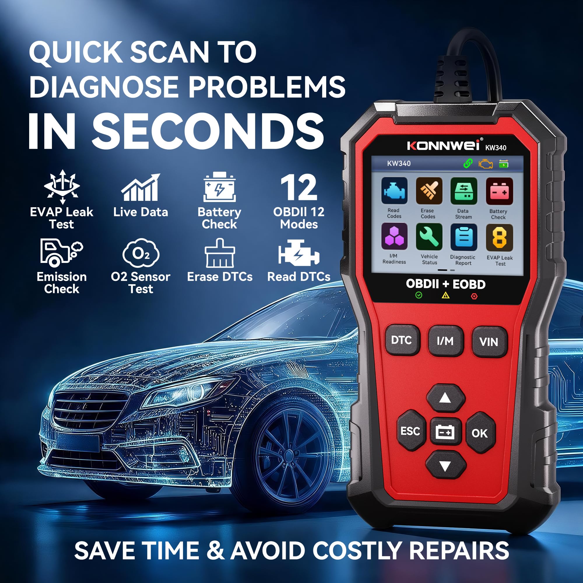 KONNWEI KW340 OBD2 - Escáner de código de diagnóstico para coche