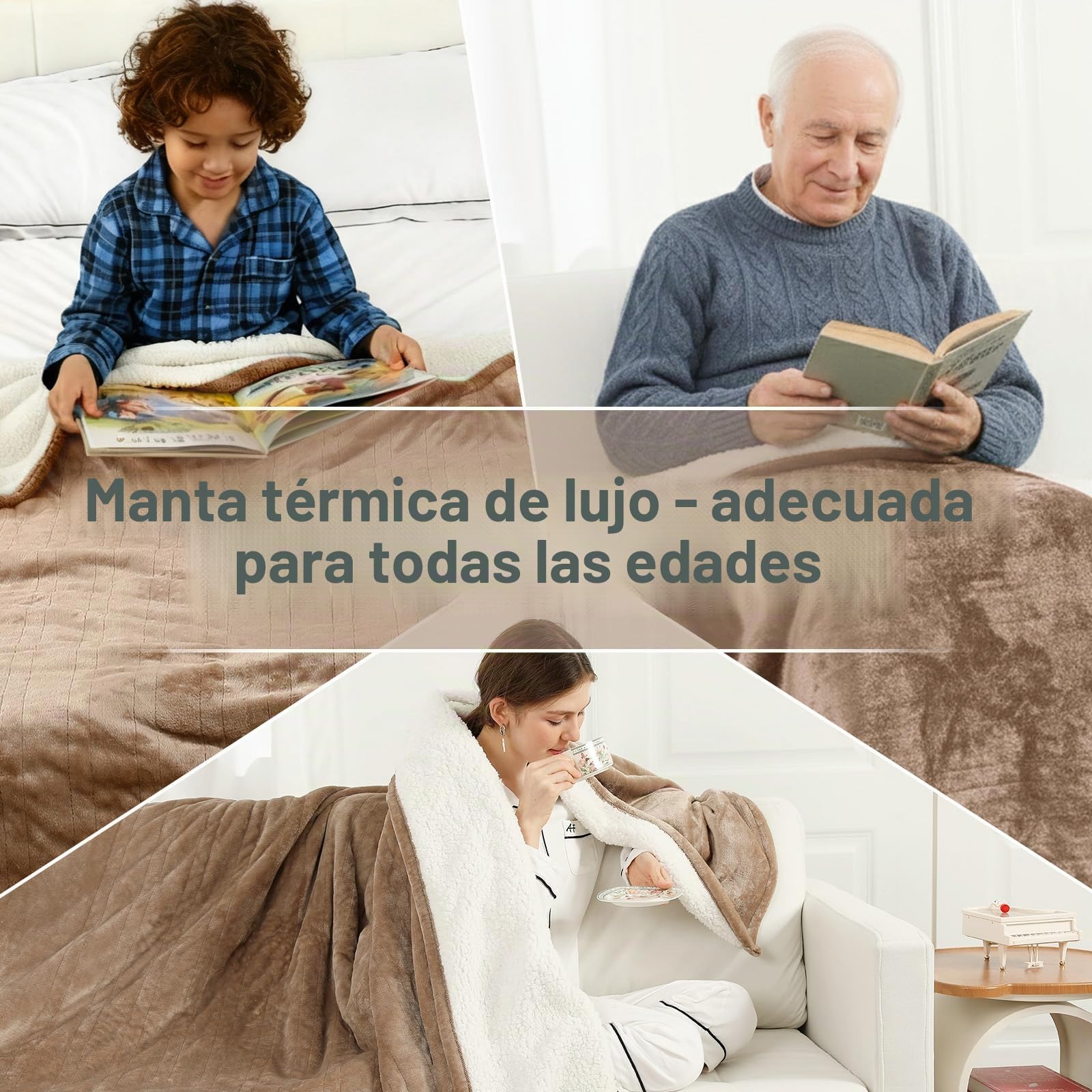 ESTINGO Manta Eléctrica 180x130 cm, Manta Calefactora de Franela y Sherpa para Sofá y Cama, 6 Niveles de Temperatura, Temporizador de 10h, Apagado Automático y Lavable, Beige