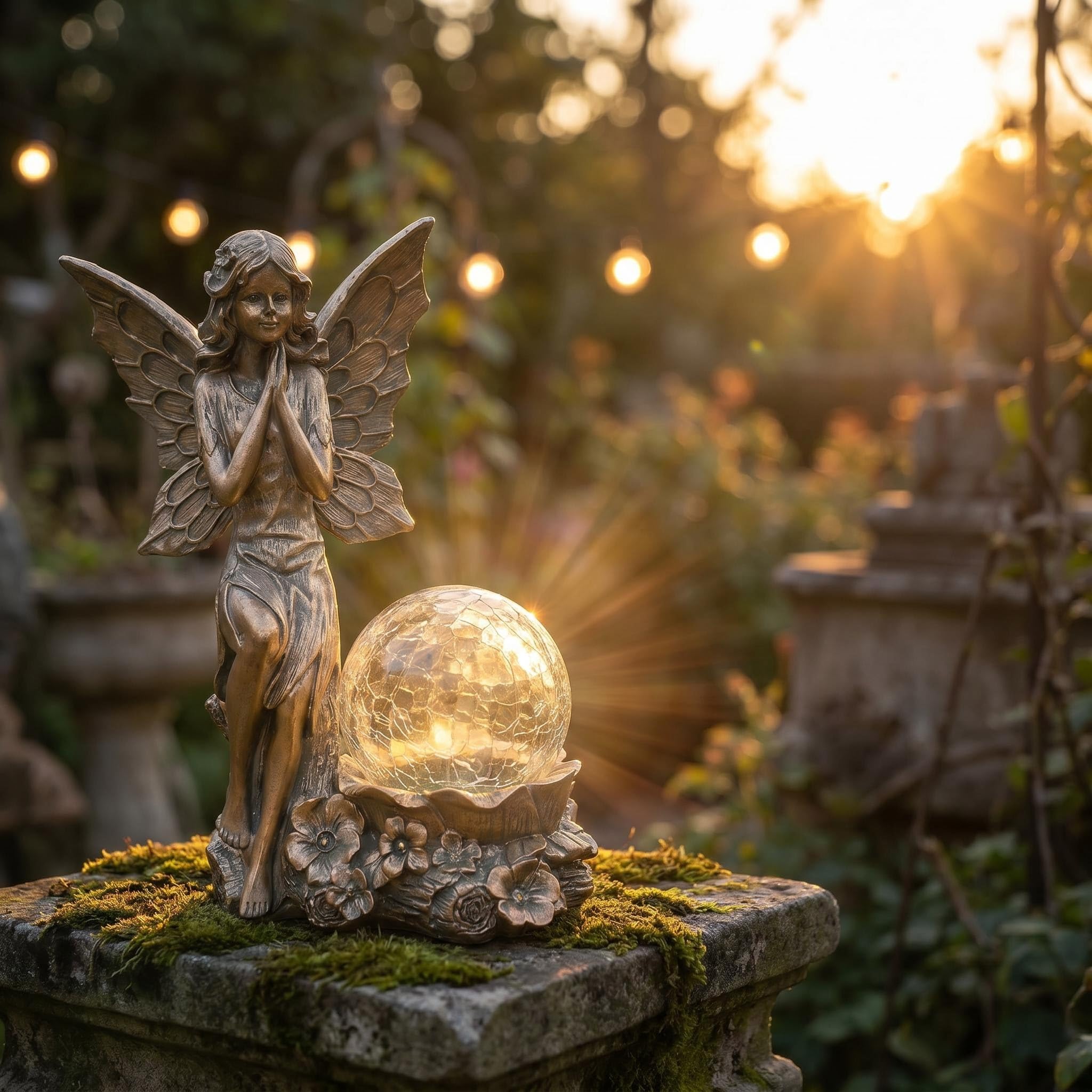 Statue da giardino per esterni, statua a energia solare delle fate, a LED in vetro craquelé, luce solare da giardino, per esterni, prato, cortile, patio, decorazione da giardino, altezza