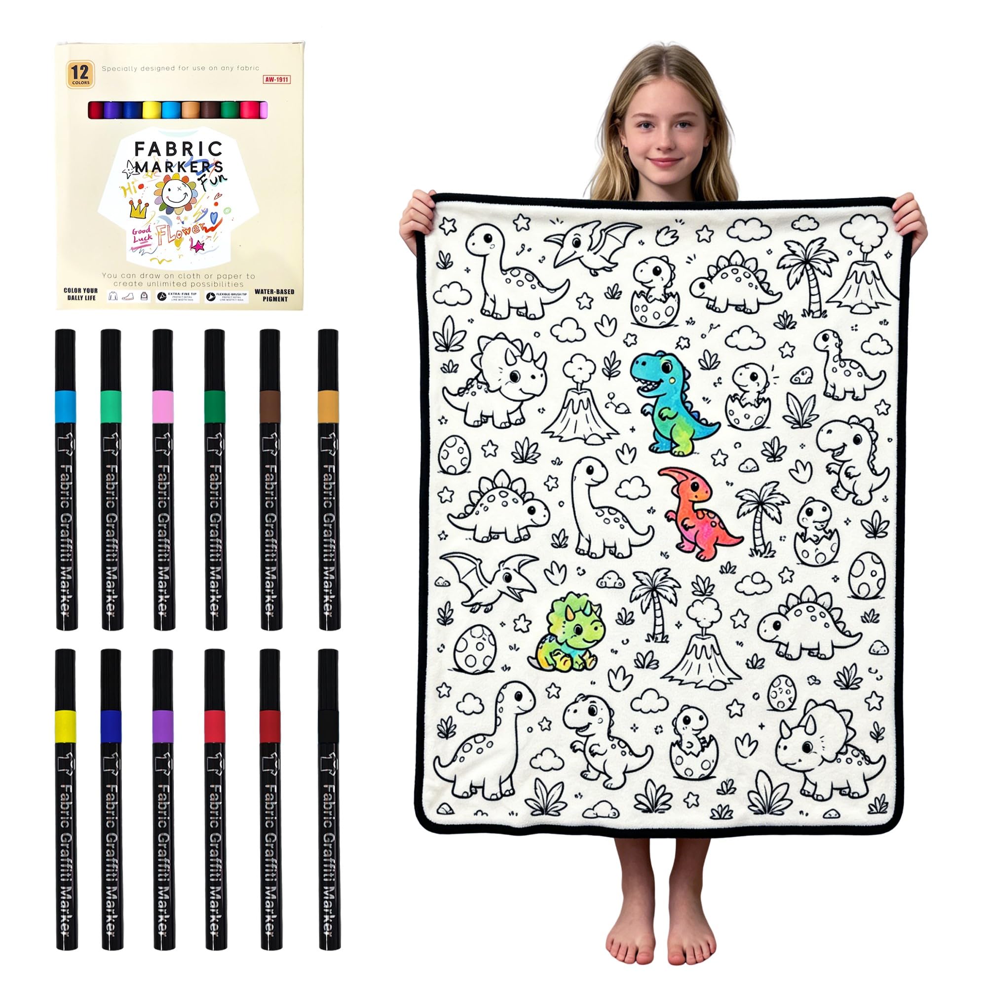 GANKTOWCOY DIY Coloring Blanket for Adults with 12 Fabric Markers | Color Your Own Blanket, 43 x 55 Inch Cozy Sherpa Fleece Throw Blanket Craft for Creative Fun, Relaxation & Home Decor