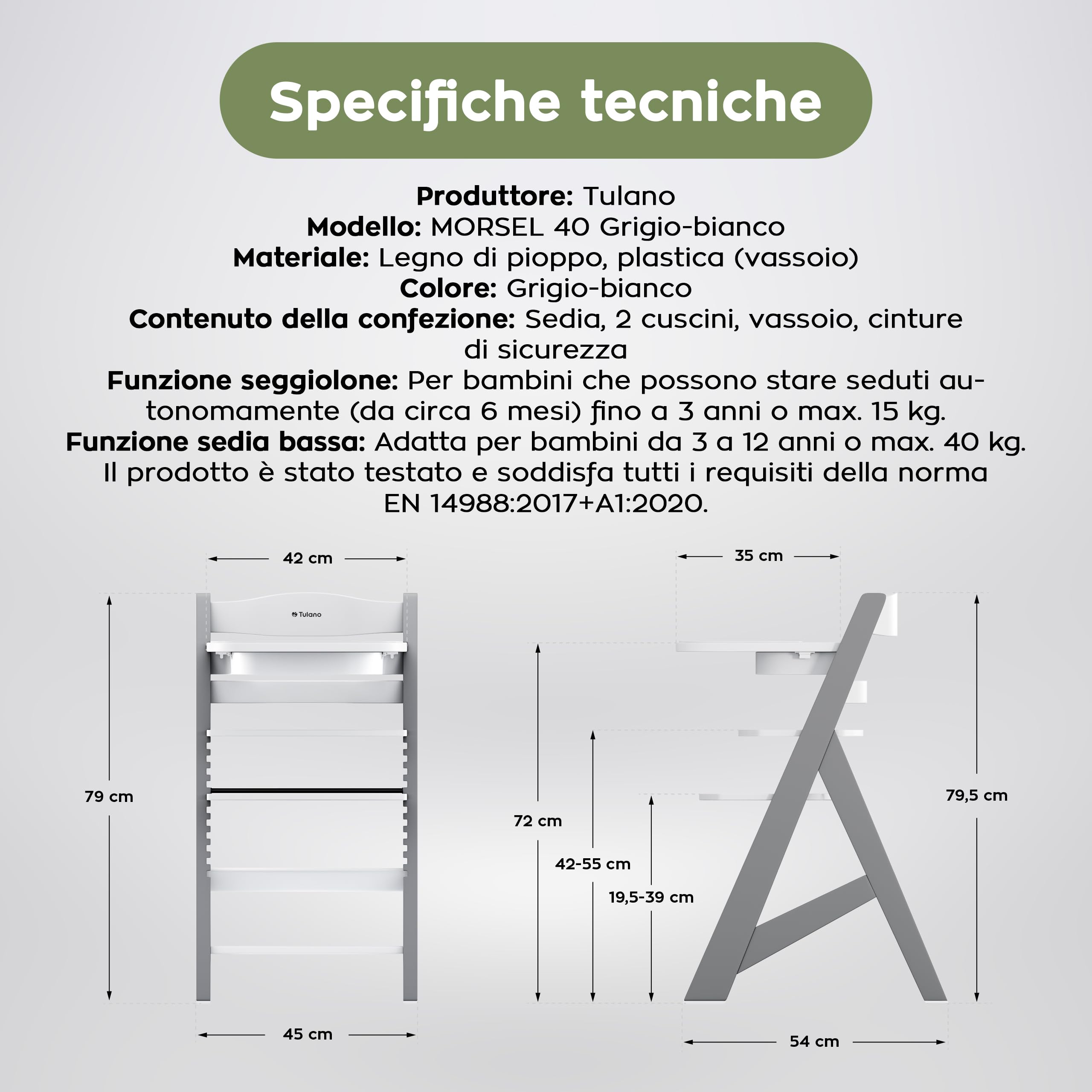Tulano Morsel 40 - Seggiolone Evolutivo 4 in 1 per Pappa in Legno | Sedia evolutiva con 11 livelli vassoio lavabile cuscini impermeabili e uso da 6 mesi a 12 anni - Grigio Bianco