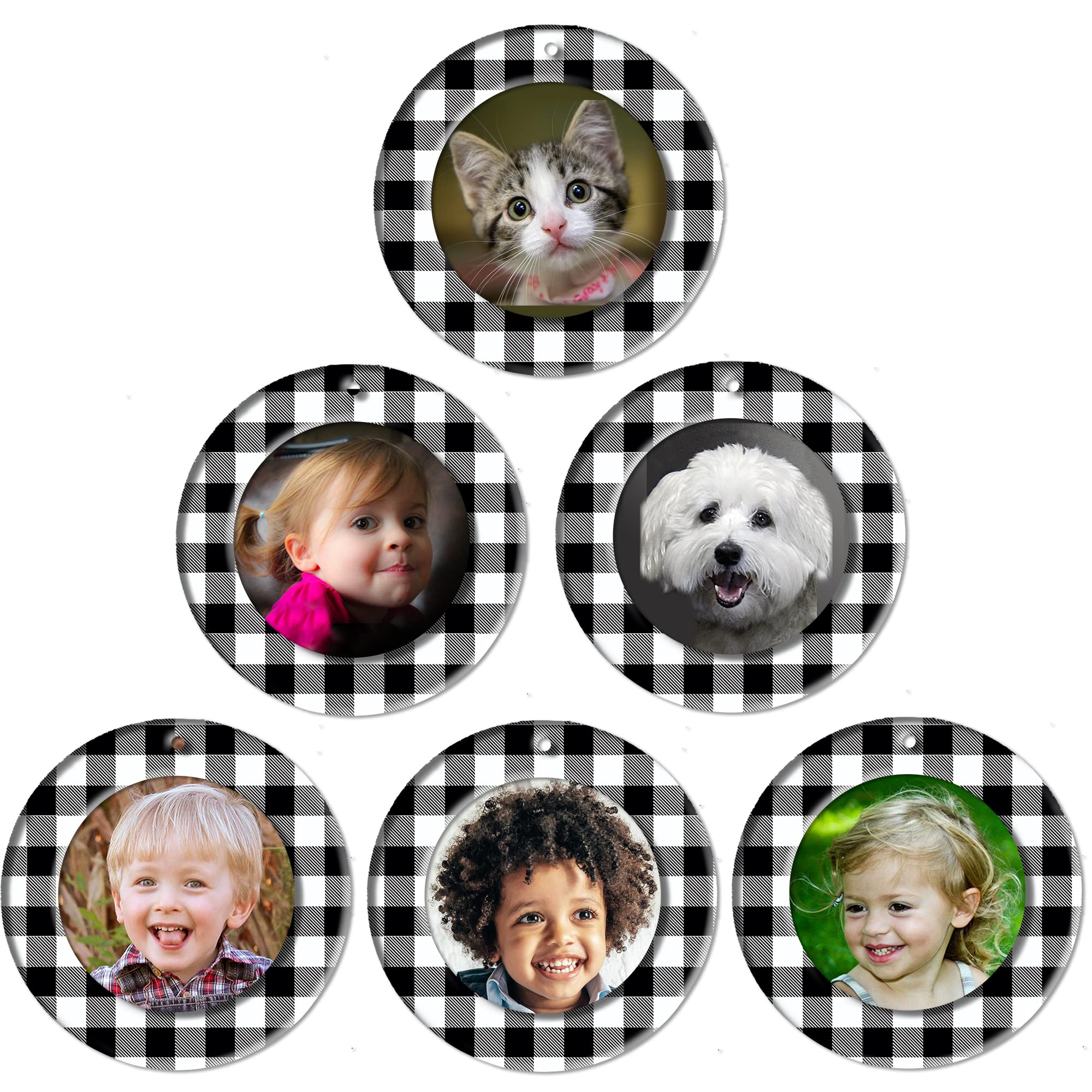 The Original Mini Photo Christmas Ornaments, Magnetic Easy-Load Rustic Buffalo Plaid Picture Frame Ornament, Includes Photo Protectors Plus Hooks for Hanging, Round, Black and White 6-Pack