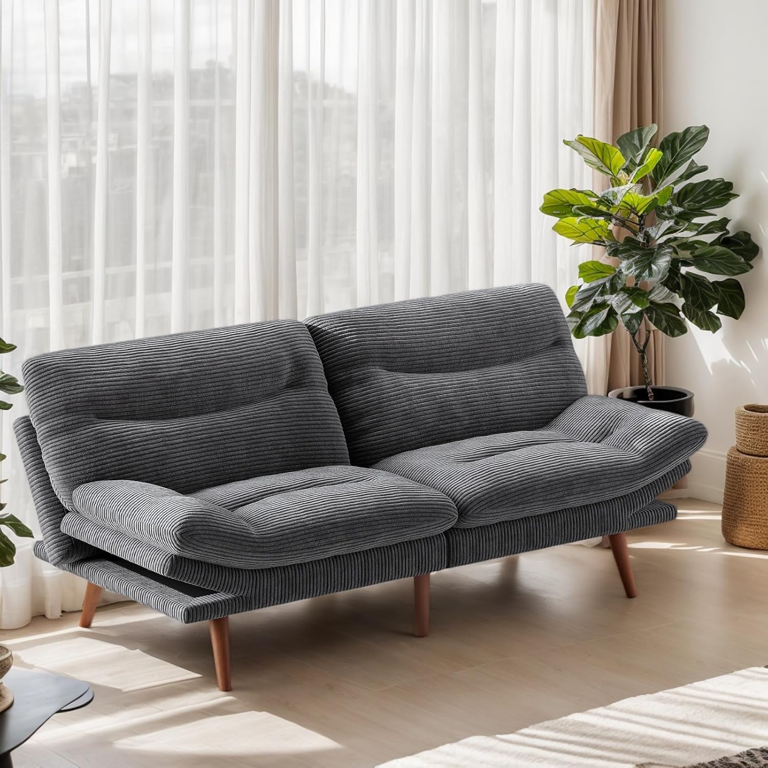 Marsail 66" Grey Corduroy Futon Sofa Bed with Adjustable Backrest & Armrests - Convertible Sleeper Couch for Small Apartments
