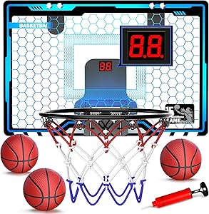HopeRock Indoor Mini Basketball Hoop for Kids, Basketball Hoops Over The Door with LED Lighting, Mini Hoop with Scoreboard & 3 Balls, Basketball Toys Gifts for 5 6 7 8 9 10 11 12 Year Old Boys Girls