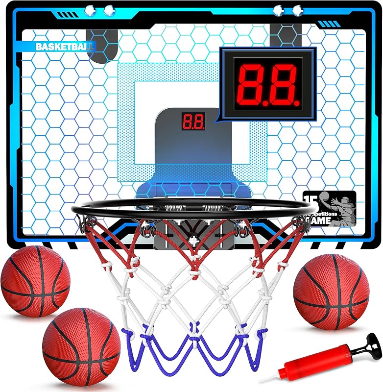 Indoor Basketball Hoop with Auto Scoring, Lights & Balls for Kids Ages 5-12 | Mini Basketball Hoop Indoor Over The Door with Balls & Pump, Basketball Toys Gifts for 5 6 7 8 9 10 11 12 Year Old Boys Girls