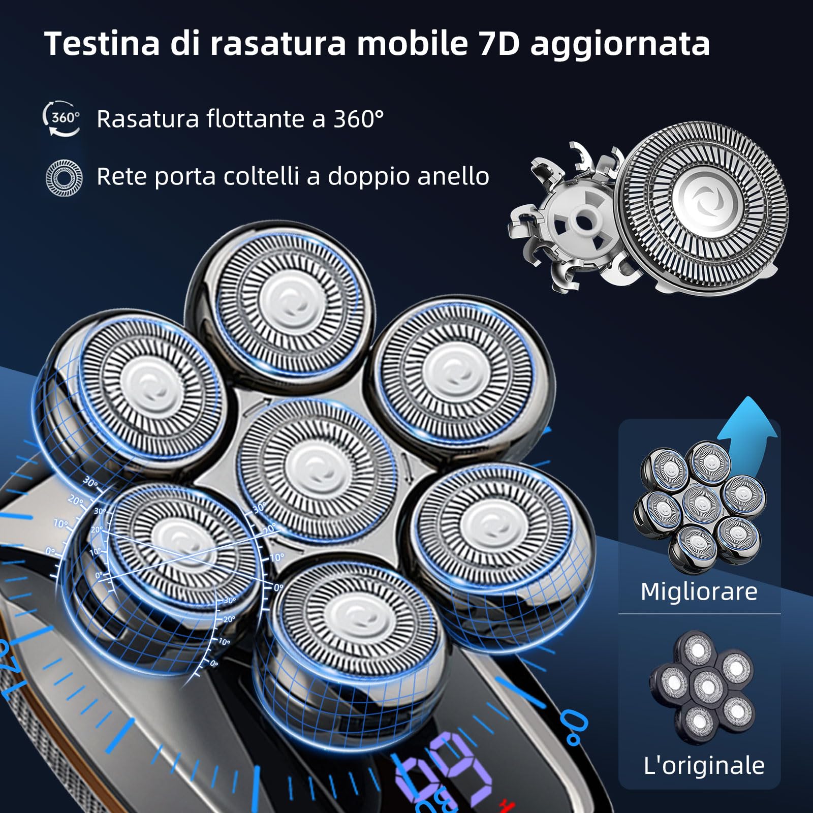 Rushmore Rose USA Rasoio Elettrico Barba Uomo 6 in 1, Rasoio Testa Calva con 7 Testine Rotanti, Impermeabile IPX7, Ricarica USB, Schermo LED Intelligente, Grigio