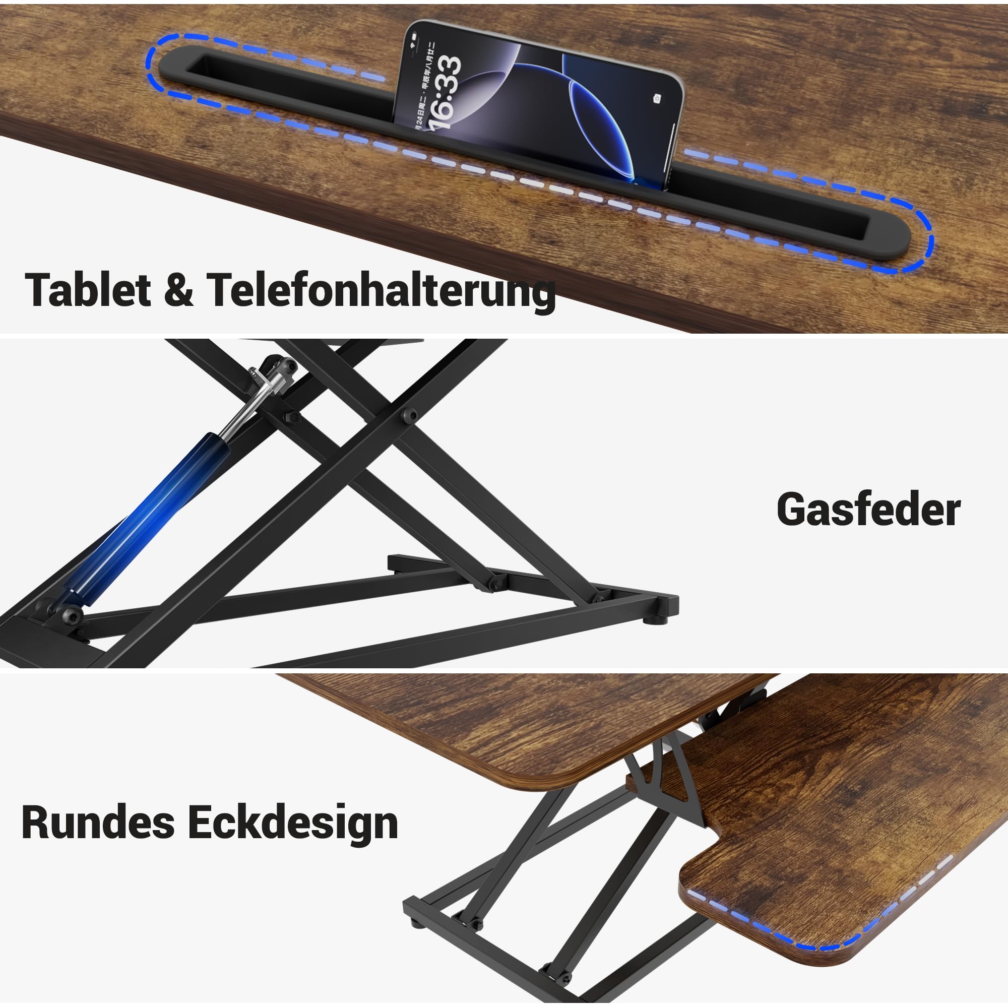 ERGOMAKER Steh-Sitz Schreibtischaufsatz Höhenverstellbar, Stehpult Aufsatz Schreibtisch 106 X 40CM Desktop Erhöhung mit Tastaturablage Für Zwei Monitore,Rustikales Braun