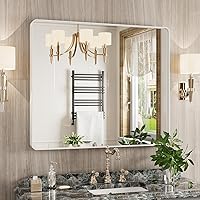 Vista 17 de Espejo de baño negro de 20x30 pulgadas con marco de metal negro, espejo de tocador rectangular redondeado con acabado mate para pared, con vidrio