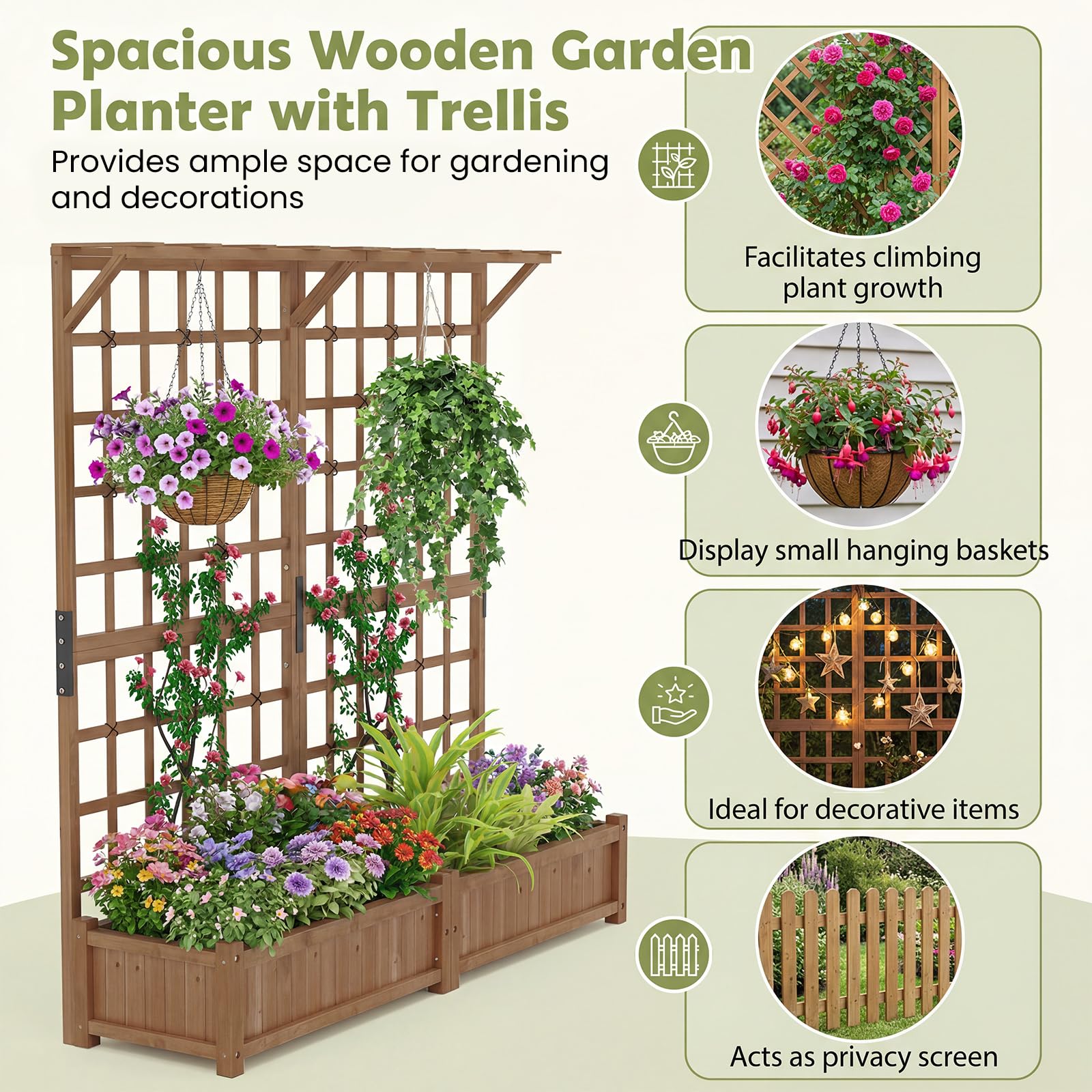 HOMASIS 3 en 1 Lit de Jardin Surélevé en Bois avec Treillis, Jardinière d’Extérieur avec Trous de Drainage et Bac à Plantes, pour Plantes Grimpantes, Légumes, Fleurs, 180 x 48 x 183 cm (Marron)