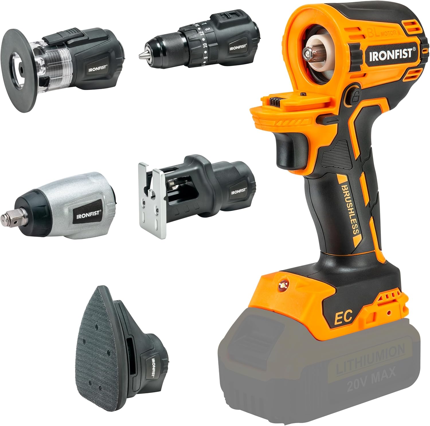 IRONFIST Cordless Power Tool Combo Kit for DEWALT 20V Battery, Brushless Motor Chip Contact, 5 Replaceable Head Include Impact Drill, Impact Wrench, Jigsaw, Sander, Trimmer Router (NO BATTERY)