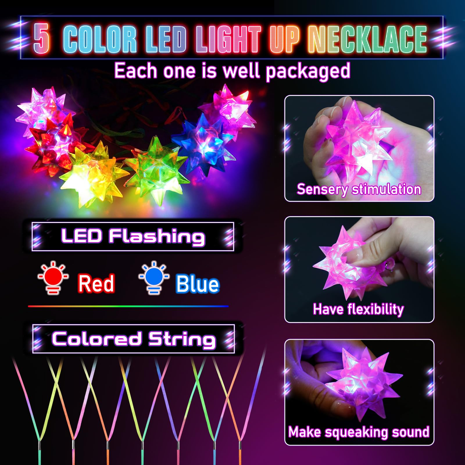 HONLYNE24 PCS Flashing Crystal Star Necklaces, Glow Necklaces Bulk Light up Party Favors, LED Glow in The Dark Necklaces for Kids Adults Birthday Glow Party Rave Halloween Goodie Bags Filler