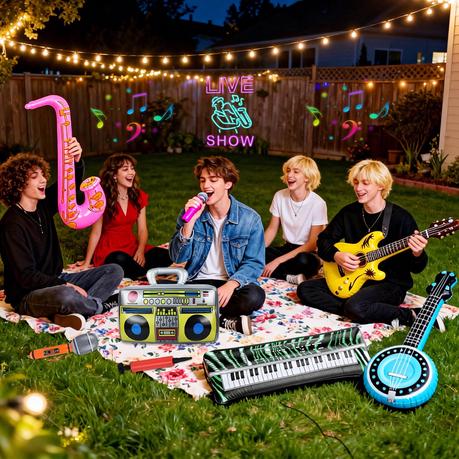 Juego de 23 accesorios inflables para fiestas, juego de instrumentos inflables, guitarra inflable para niños, micrófono de saxofón pipa, radio, teclado, gafas para decoración de fiesta de discoteca