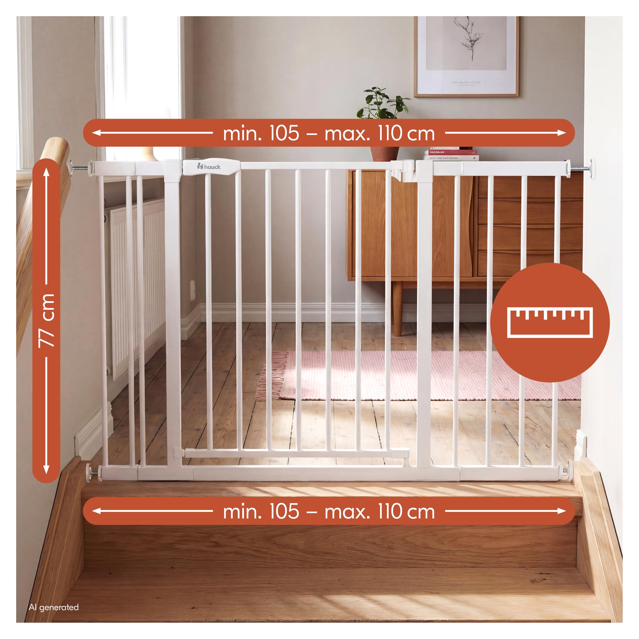 hauck Open N Stop 2 + 1x9 cm +1x21cm Verlängerung, Weiß - Kinderschutzgitter Hundegitter, Verstellbare Breite 105-110 cm, 77 cm Hoch, Einhand Öffnung, ohne Bohren, für Innen
