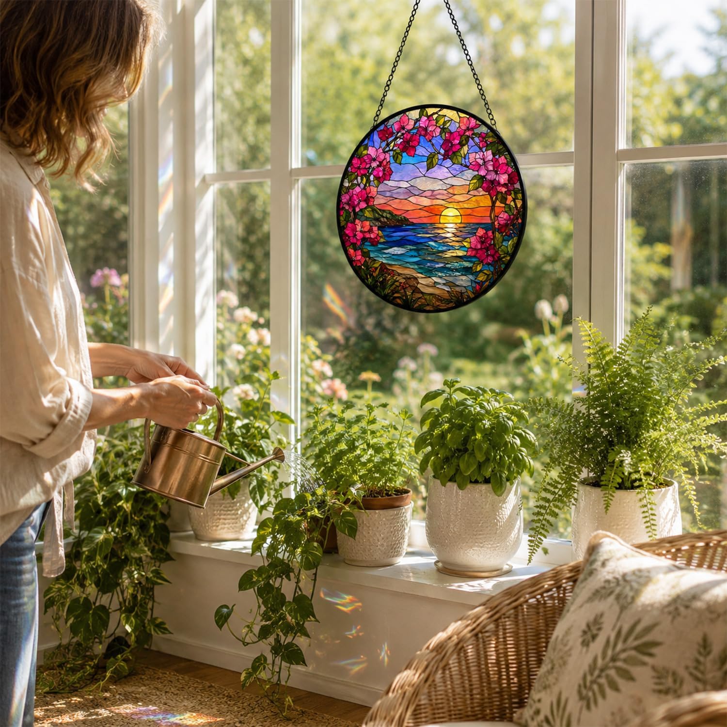 Stained Glass Window Hanging Suncatcher, 1 Pack Pink Floral Sunset Glass Sun Catcher for Windows, 8 inches Round Window Art Outdoor Hanging Garden Decor, Sunroom Decor Gifts for Women