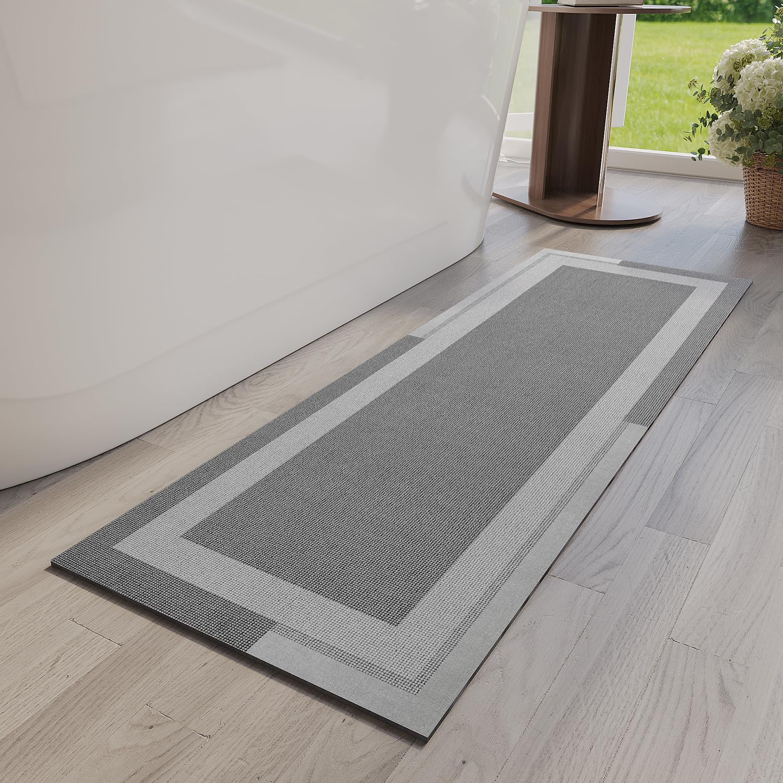 Quqei Non Slip Long Bath Mat Bathroom Runner, Rubber Backing Ultra Thin Bathroom Rugs Fit Under Door Quick Dry Super Absorbent Washable Bath Rug Shower Mat for Bathtub Sink Floor, Grey 43x120 CM