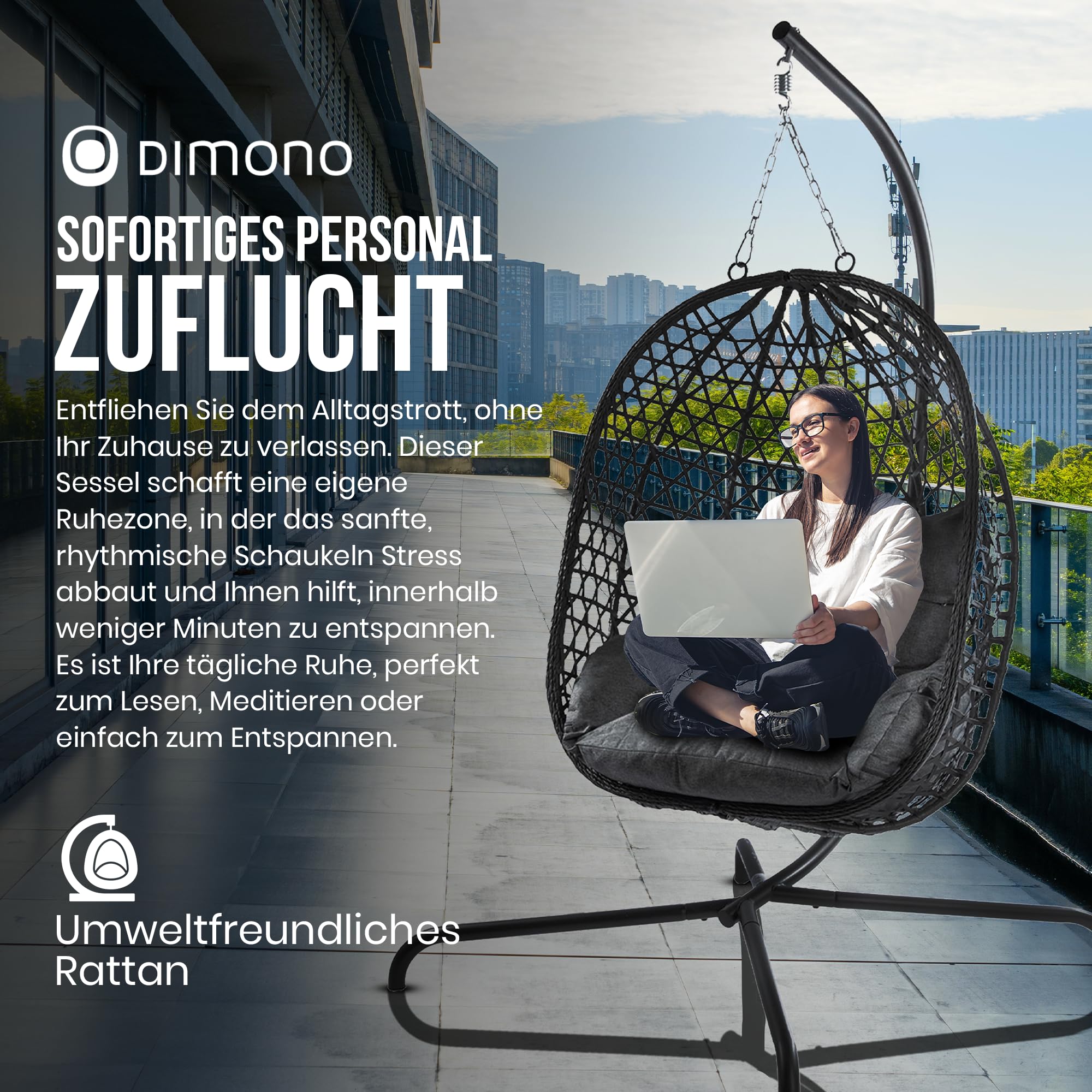 Hängesessel mit Gestell; Hängekorb Sessel; Schwebeliege Rattan Outdoor & Indoor Relax-Stuhl; Egg Schaukel ideal für Garten, Terasse, Kinderzimmer, Leseecke UVM. 120kg Tragkraft (Grau)