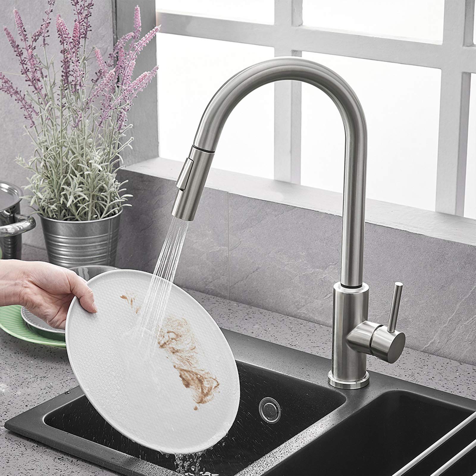 Gx Grifo De Cocina Con Sensor Táctil, Inducción Grifo De Fregadero Giratorio a 360°, Con Ducha Extraíble - 2 Modos De Rociador, Latón Monomando Mezclador De Fregadero, Para Agua Caliente Y Fría, Negro