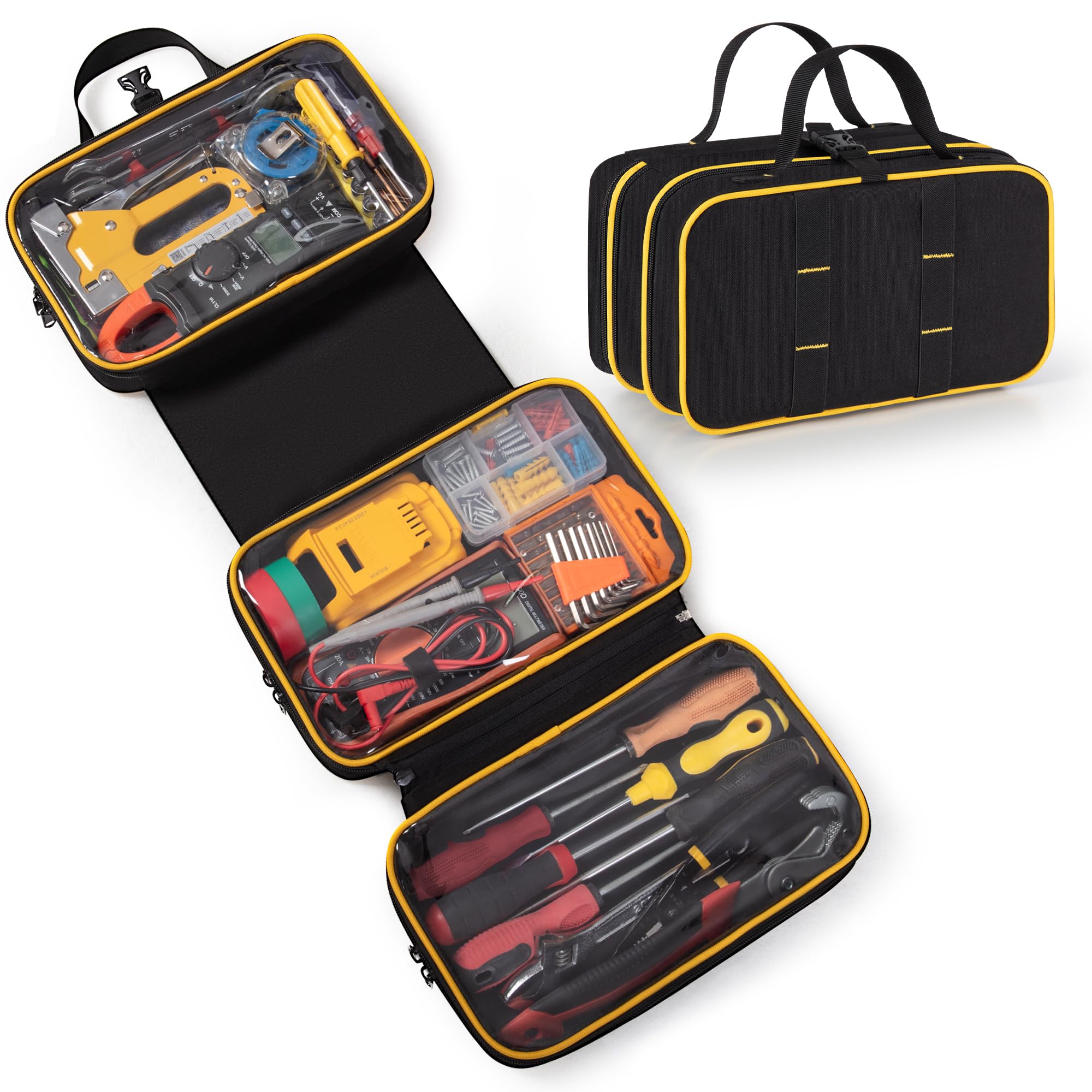 Marscamd Roll Up Tool Bag with 3 Clear Window Cases One Detachable Tri-fold Tool Bag Organizer for Hand
